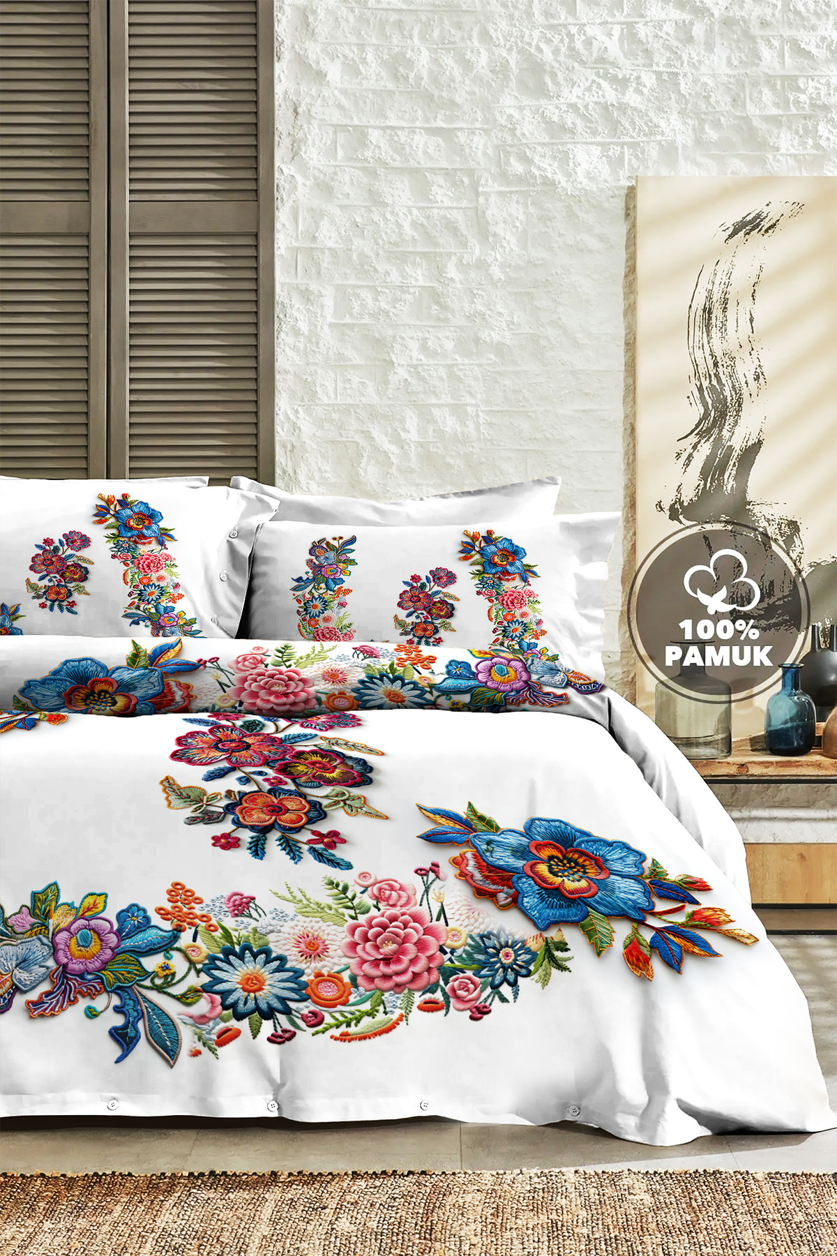 MonoHome %100 PAMUK Ranforce Çeyizlik Luxury 5D Dijital Battal Çift Kişilik Nevresim Takımı Nakış