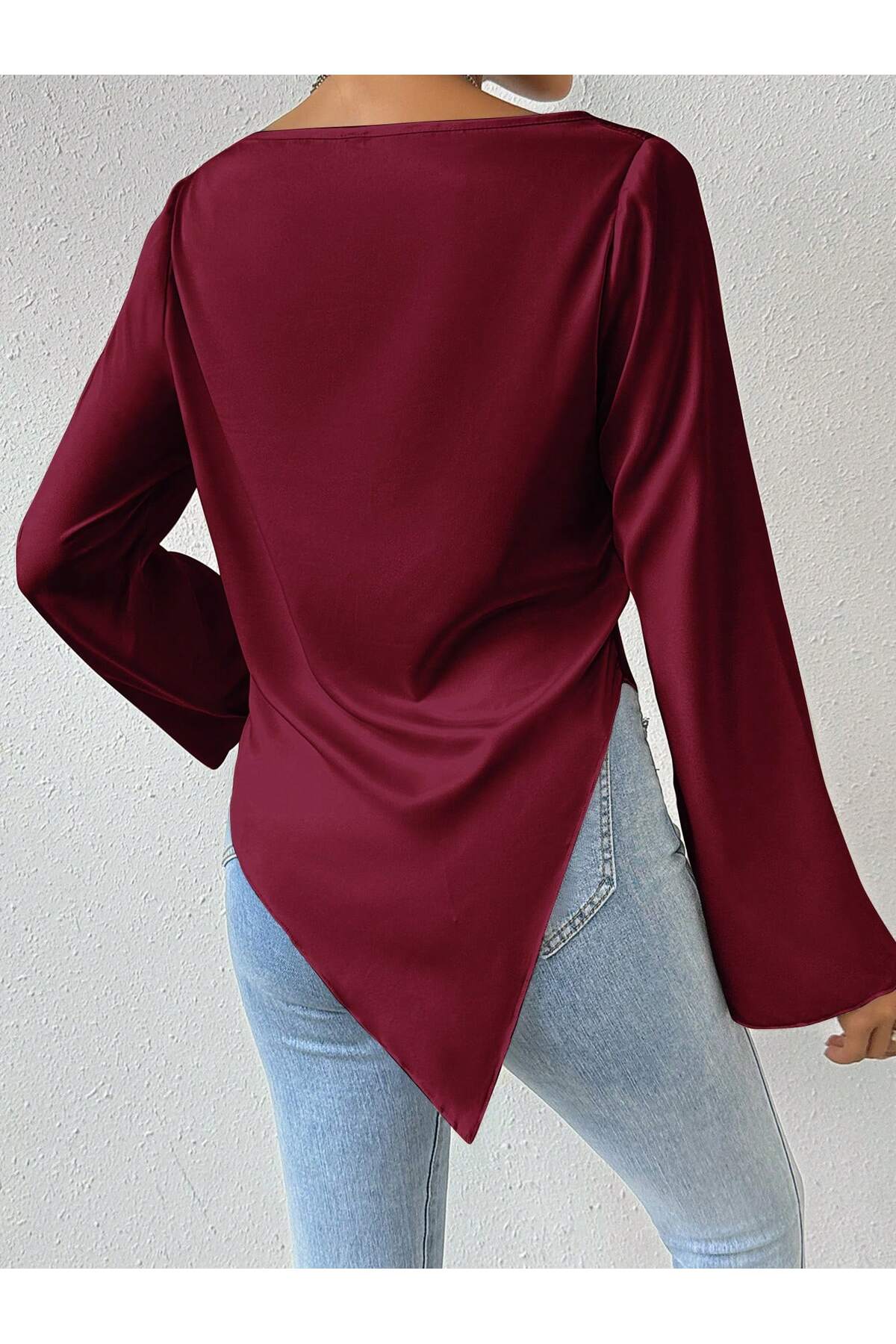 poswicon bordo polyester kumaş drapeli yaka İspanyol kol drapeli yaka üst bluz görsel 3