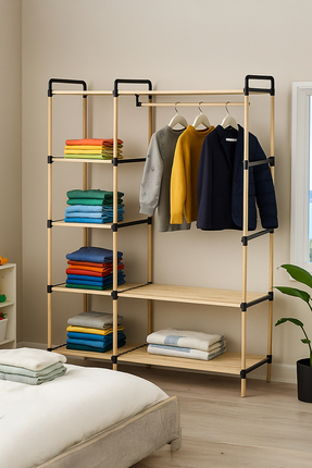 Nwood NATUREHOME NE-03 MODÜLER RAFLI %100 MASİF AHŞAP ELBİSE ASKISI AÇIK GARD...