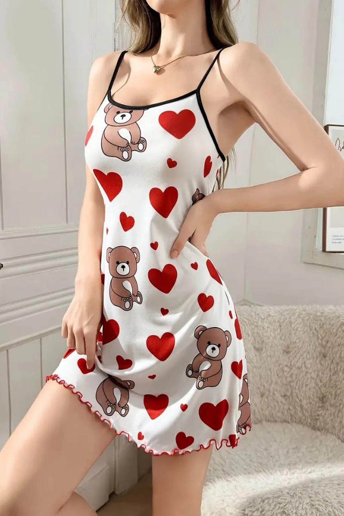 HUBANN Kalp Ayıcık Desenli Askılı Gece Elbisesi - Yumuşacık Gecelik