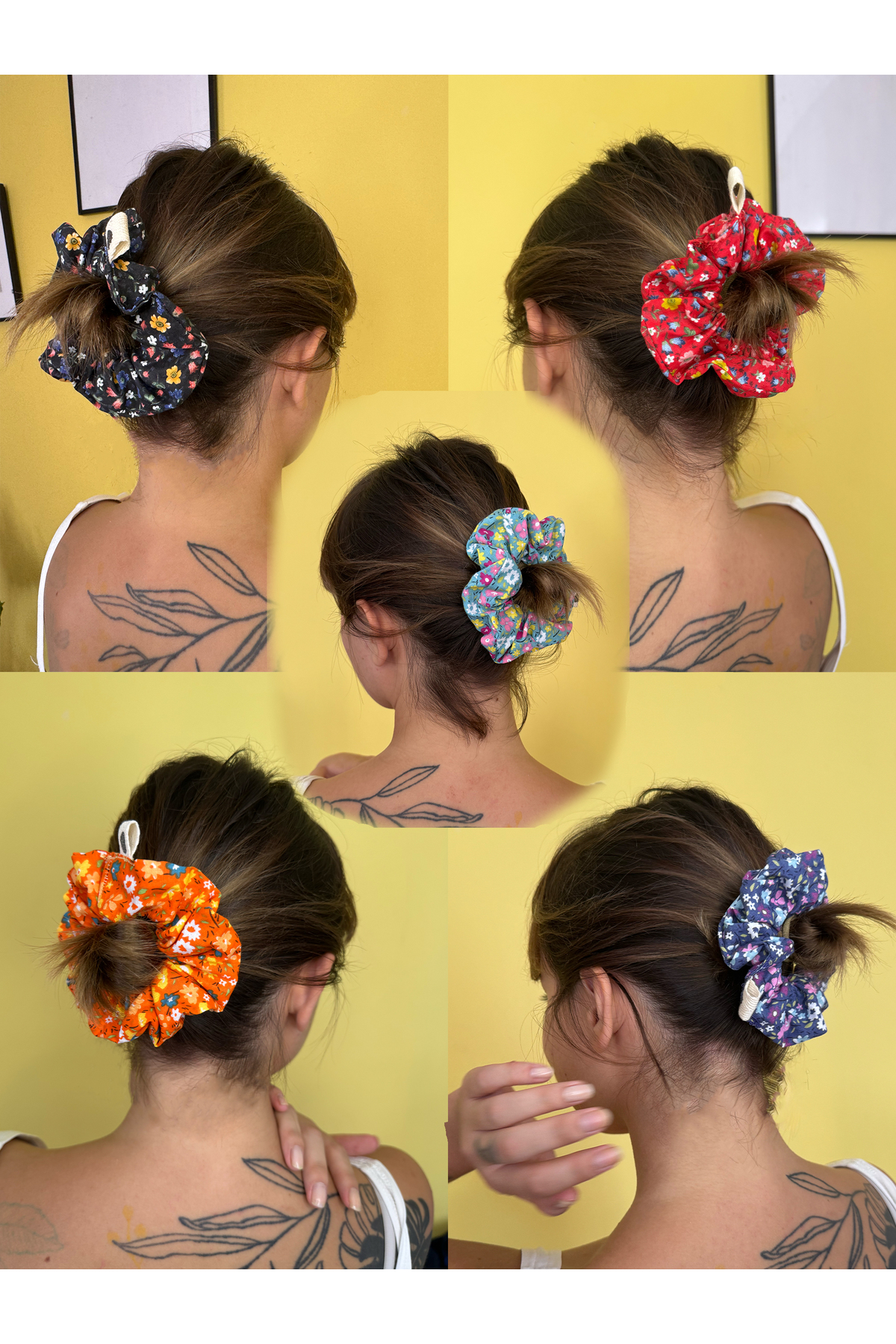 LoomaLoop 5'li Çiçekli Kumaş Toka Seti Topuz Tokası Scrunchies Lastikli Saç Aksesuarı görsel 8
