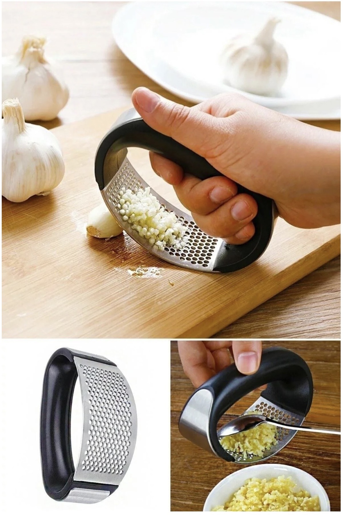 Single Plastik Tutma Saplı Paslanmaz Çelik Sarımsak ezici