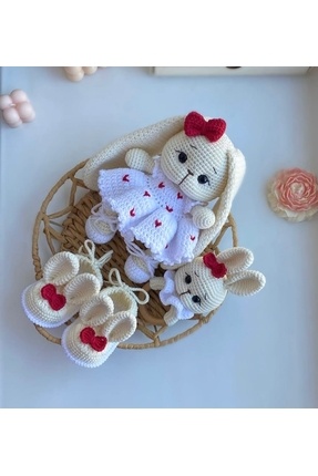 ev atölyem Amigurumi Kırmızı-Beyaz Tombik Tavşan 3lü Set