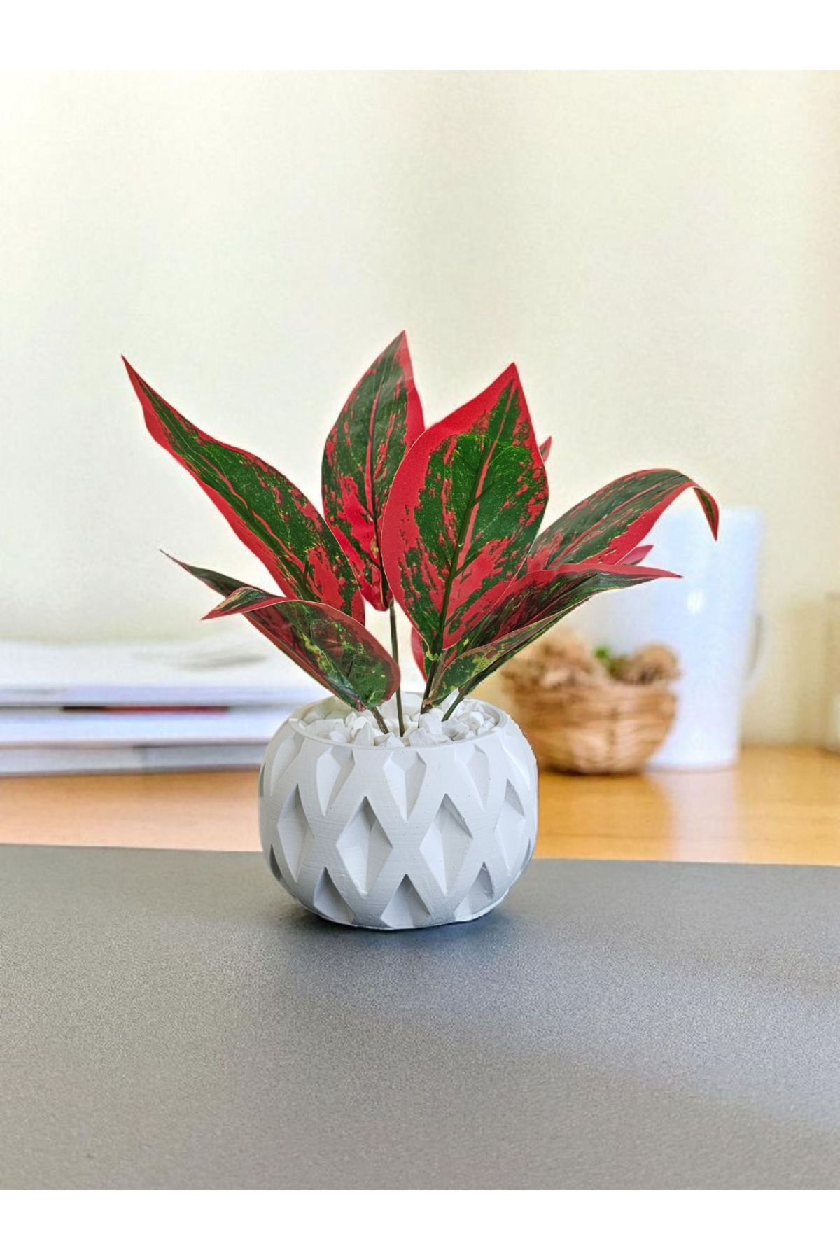 Artificial Sword Flower with Decor Stone in Concrete Flower Pot (24-28CM)