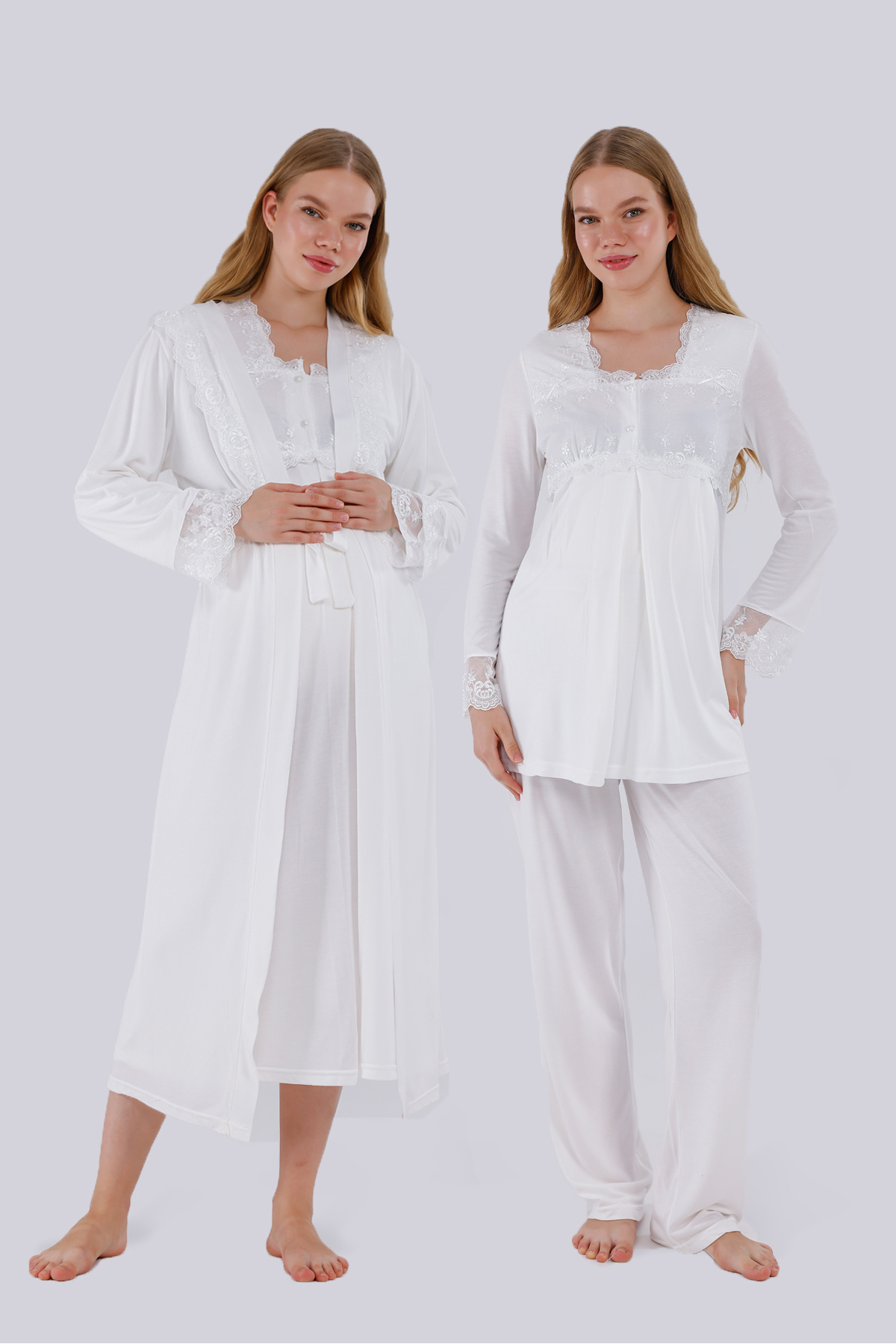 Yulem Homewear Ekru Özel Dantelli Tasarım Pamuklu Uzun Kol Hamile Lohusa Sabahlık Pijama Takım ve Gecelik 4'lü Set