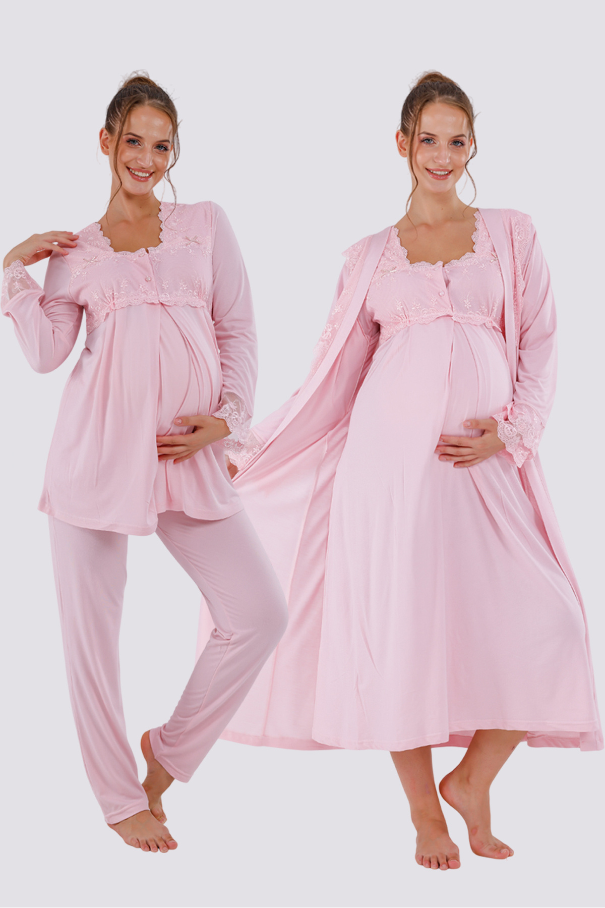 Yulem Homewear Pudra Özel Dantelli Tasarım Pamuklu Uzun Kol Hamile Lohusa Sabahlık Pijama Takım ve Gecelik 4'lü Set