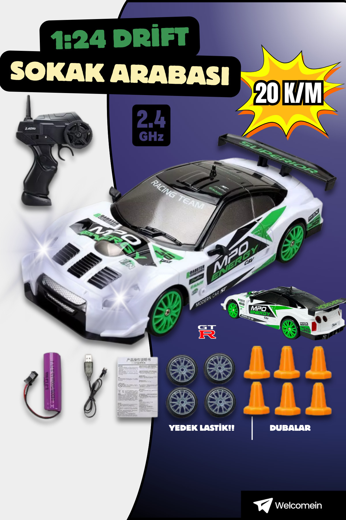 welcomein 1:24 Ölçek 20Km/h 2.4Ghz Şarjlı 4x4 Drift Araba Uzaktan
