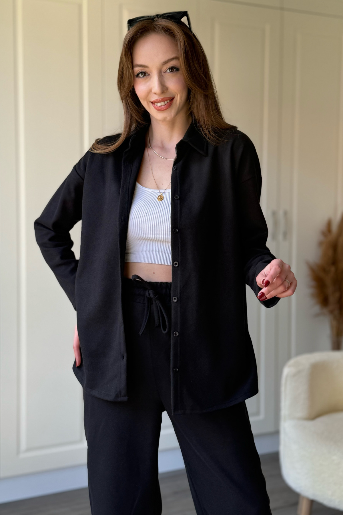 Buttoned Long Sleeve Thessaloniki Fabric Black Shirt Set