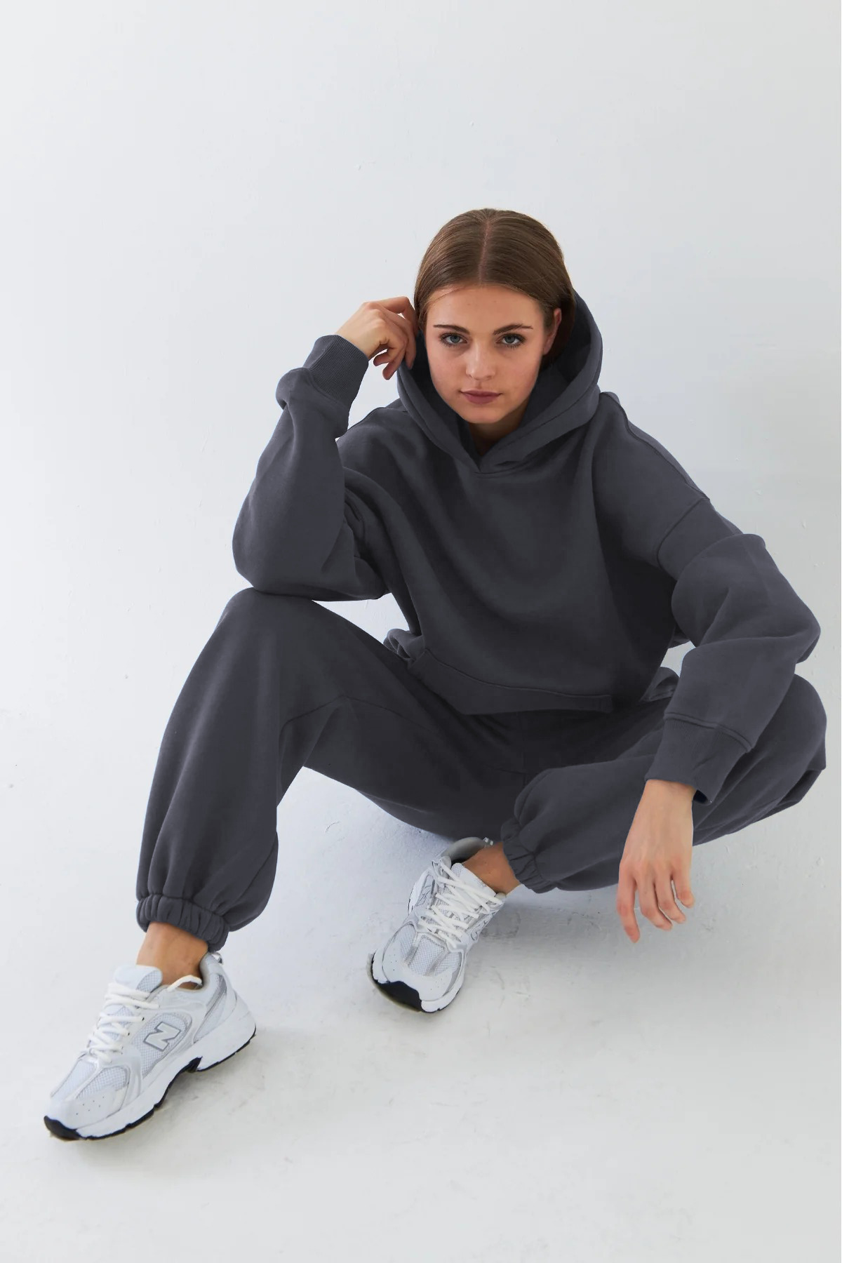 KADIN 3 İplik Bol Kalıp Premium Model Oversize Basic Jogger Eşofman Takımı — خاکستری ETK3I-2 — تصویر 2 از 3