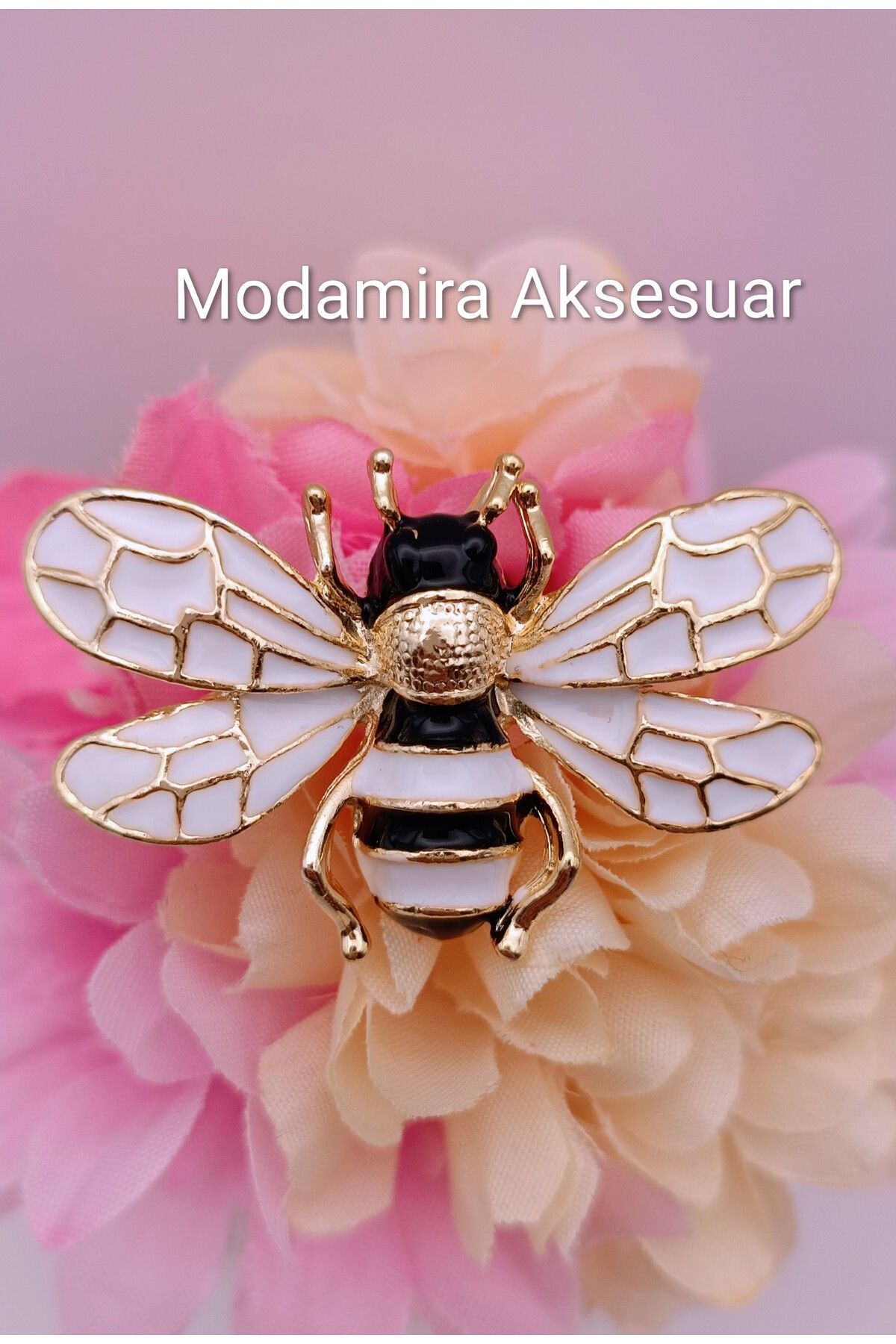 Gold Detailed Bee Brooch | Black and White