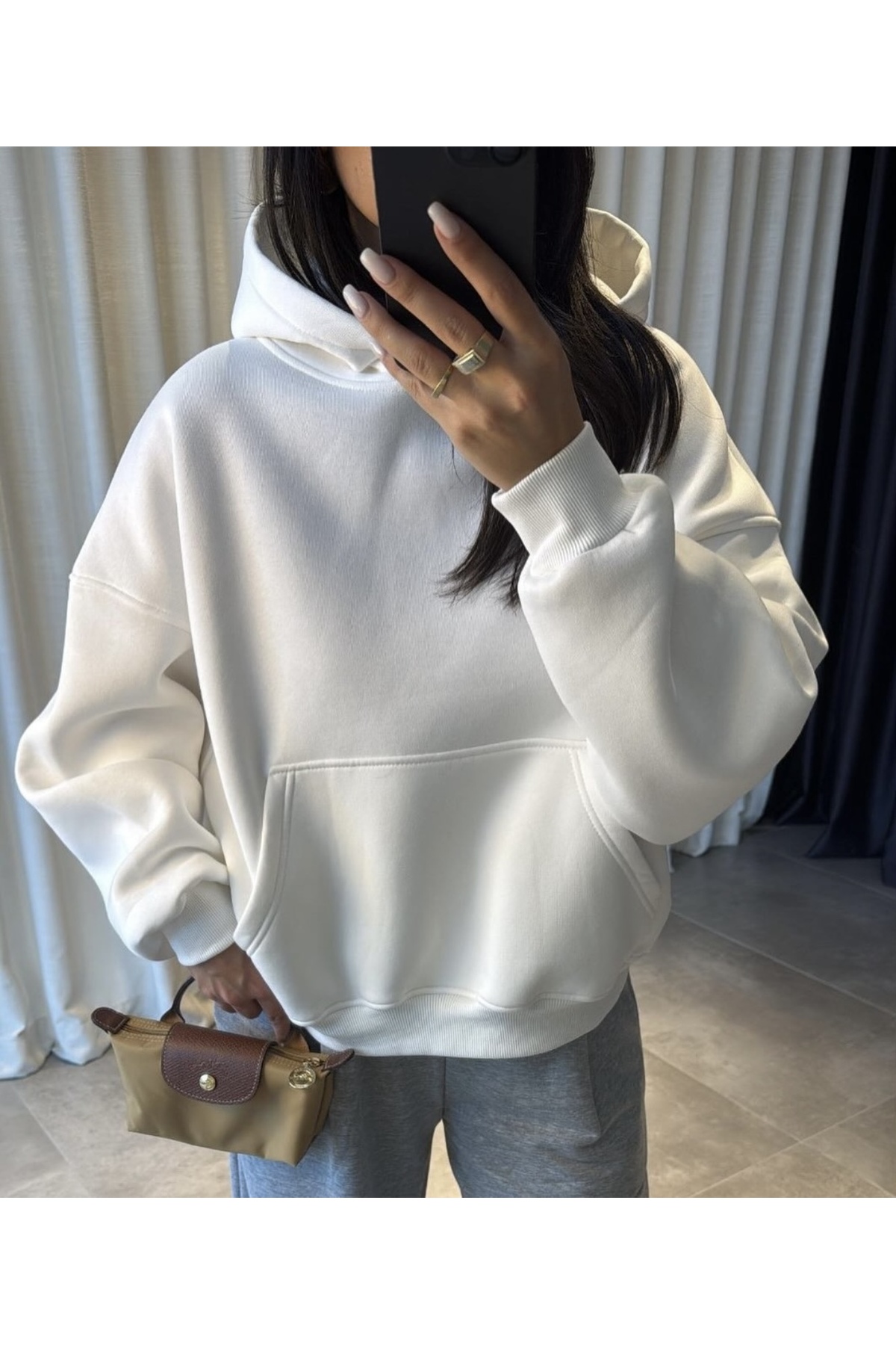 Kadın Oversize İçi Polarlı Sweat – Basic Rahat Kesim Kapüşonlu Sweatshirt (Beyaz) — سفید BYZKP — تصویر 3 از 3