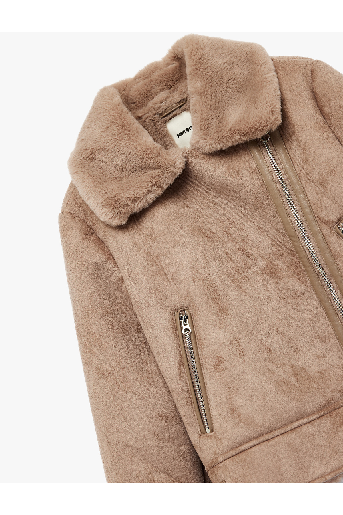 کت جیر مصنوعی زنانه کوتون مدل کراپ با یقه خز مصنوعی، یقه کراواتی، آستین بلند، زیپ‌دار و جیب‌دار