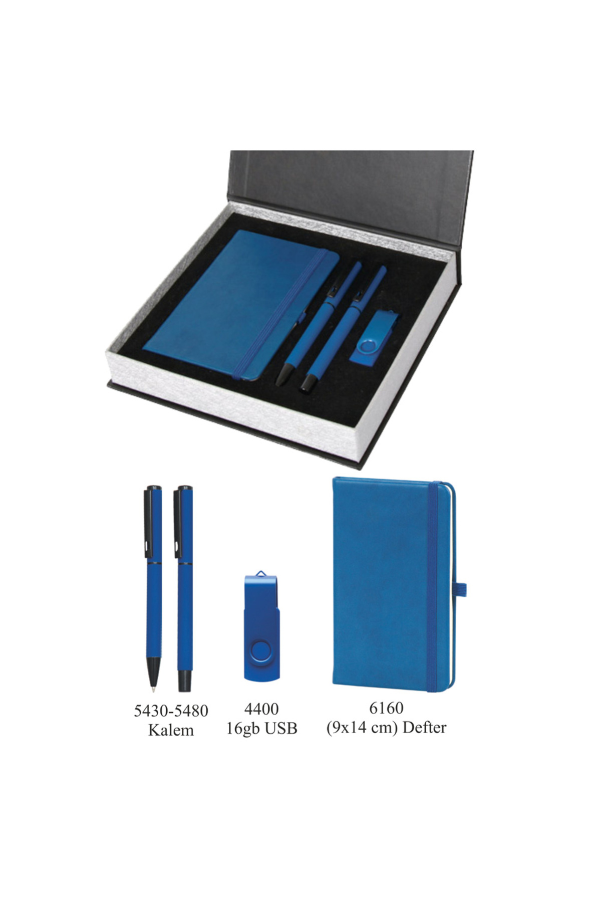 Defter, Kalem ve USB Bellek - (3’lü Kurumsal Hediye Seti) - 4210 Lacivert