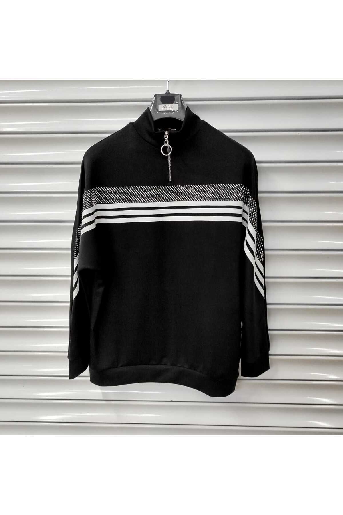 Esina Kadın Modal Kumaş Fermuar Yaka Sweatshirt Taş Detaylı