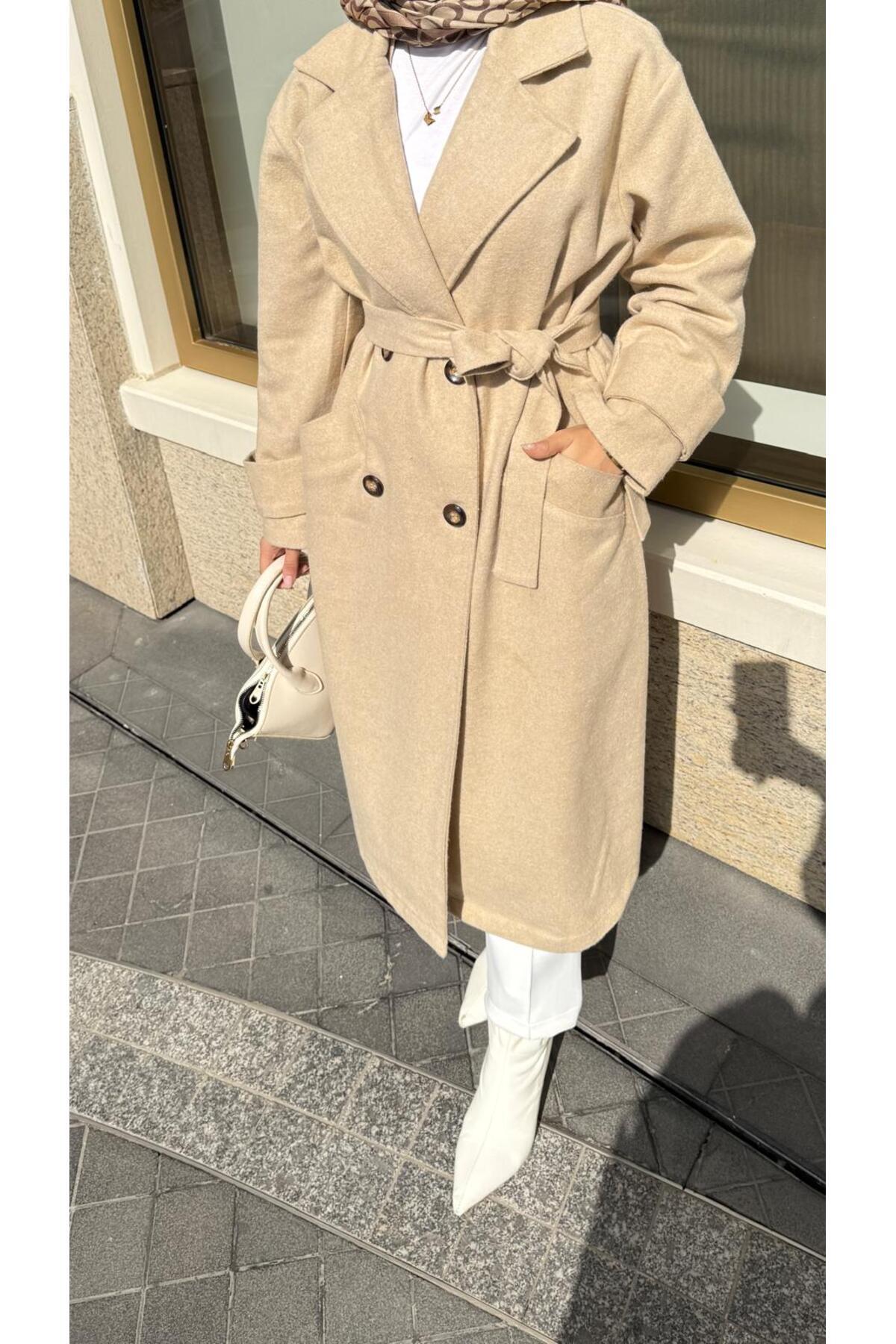 BRN IŞIK TESETTÜR  Kadın Düğmeli Kaşe Kaban - Görsel 7