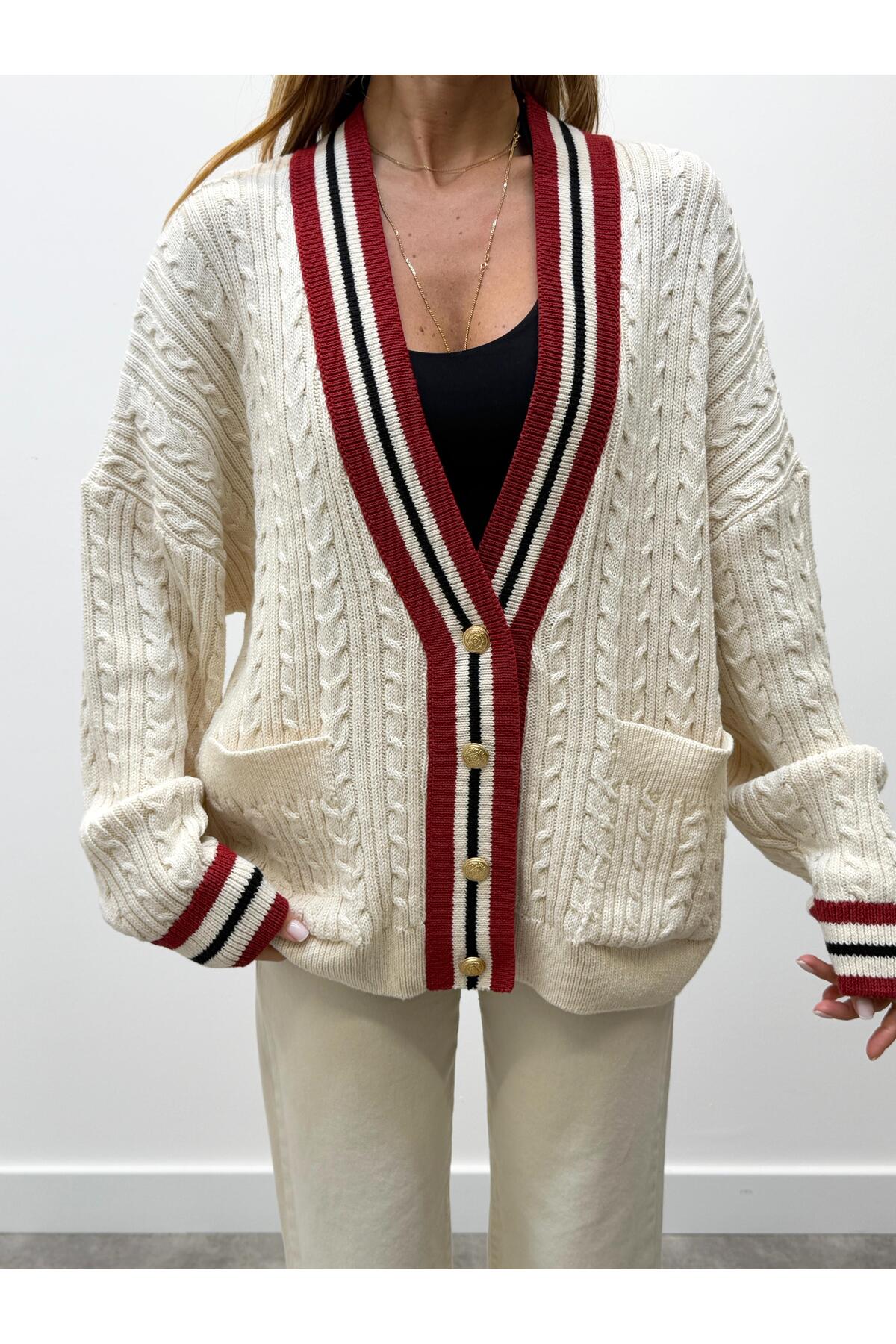 MALDİA SHOP  Kadın Kırmızı Şeritli Oversıze Örme Hırka - Görsel 5