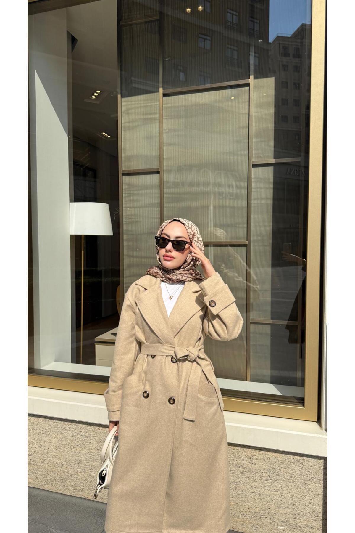 BRN IŞIK TESETTÜR  Kadın Düğmeli Kaşe Kaban - Görsel 6