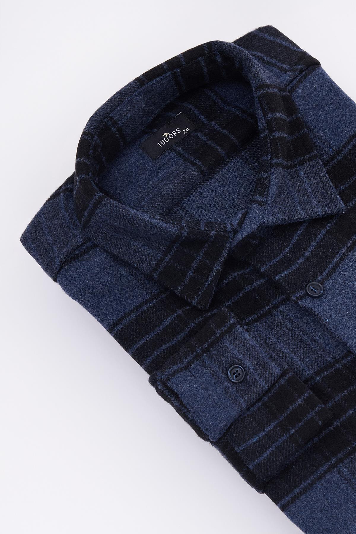 Tudors Erkek Big Size Büyük Beden Uzun Kollu Cepli Kareli Kışlık Oduncu Gömlek