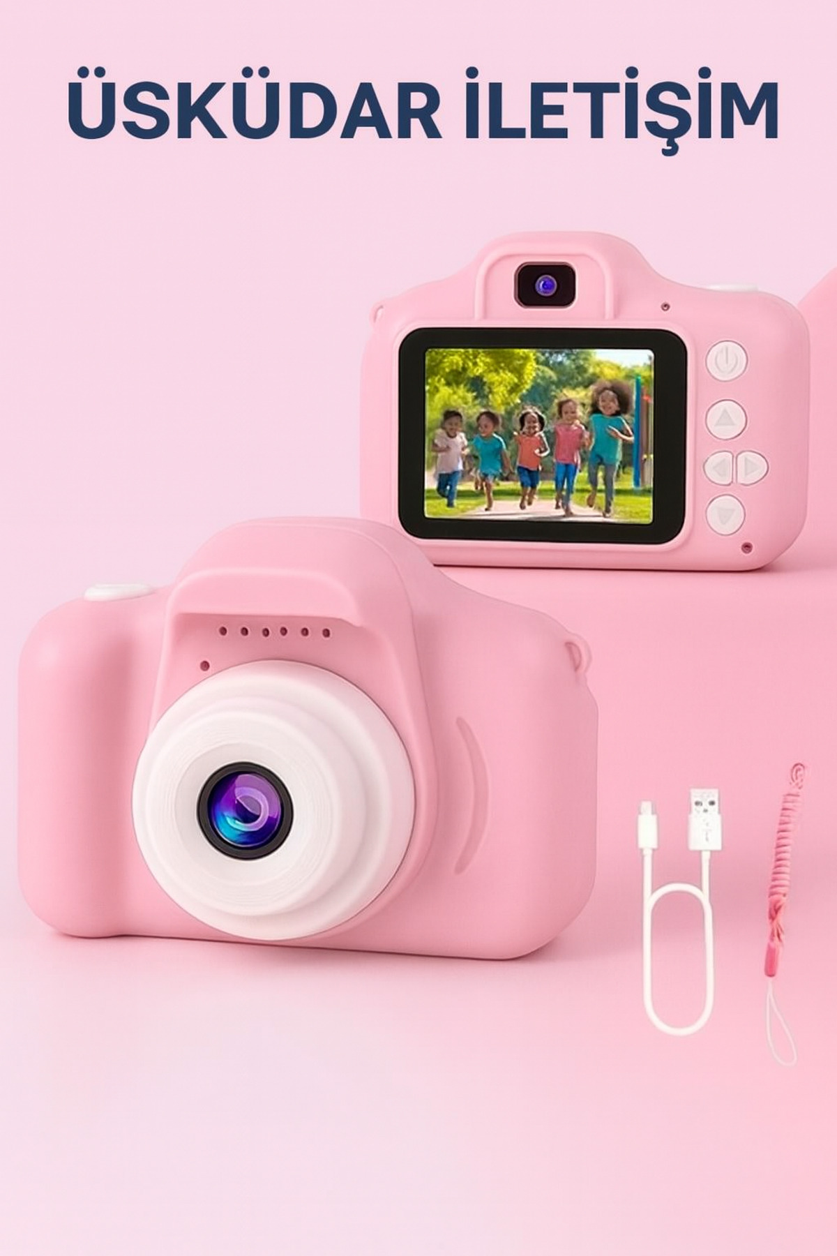 Üsküdar İletişim Çocuk Fotoğraf Makinesi – HD Ekranlı, Şarjlı, Hediye Kablo ve Askı Dahil Hediye Setli Pembe