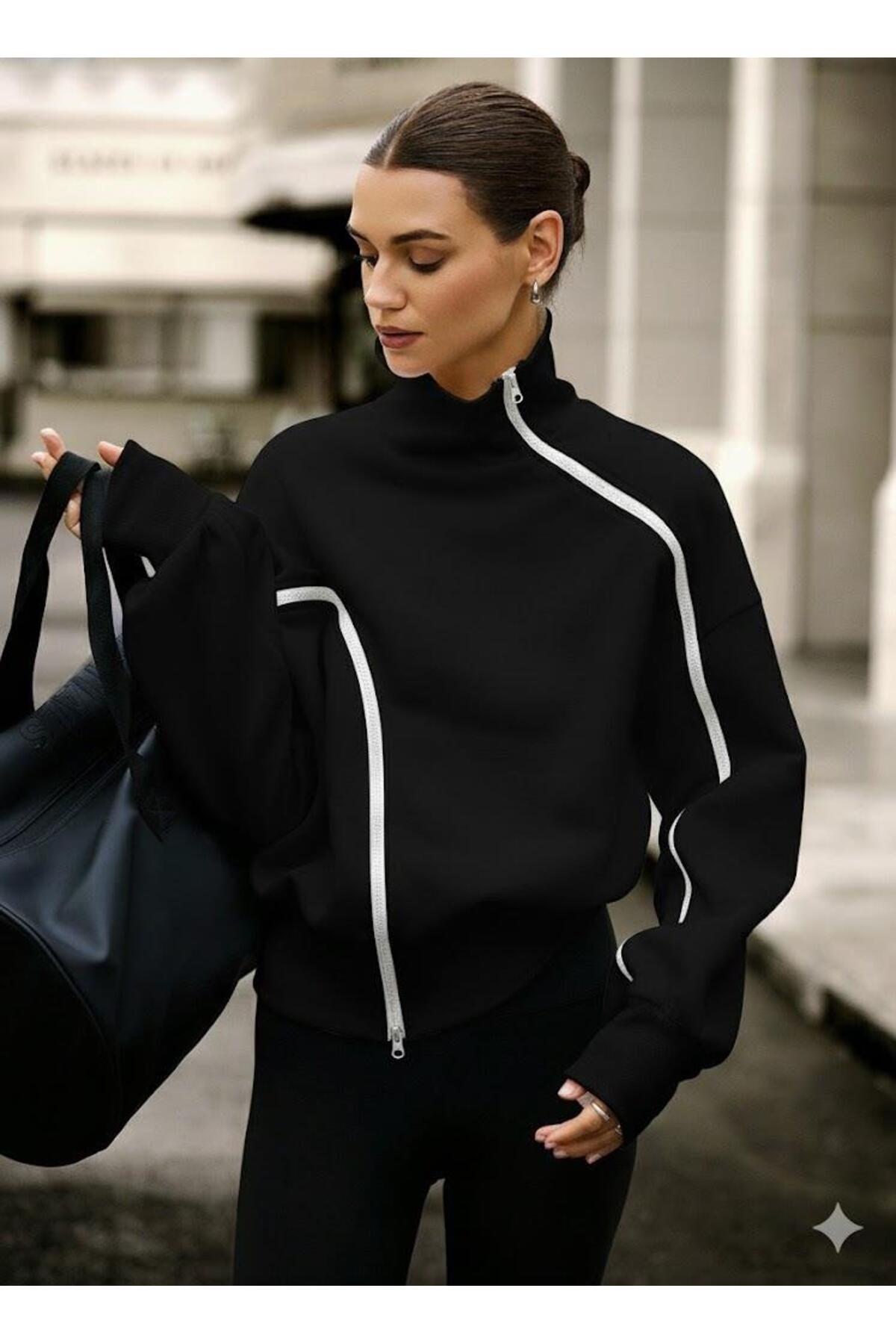 Afri  Siyah Kadın Yüksek Yaka Komple Fermuarlı Sweatshirt – Spor ve Günlük Şık Oversize Model - Görsel 4