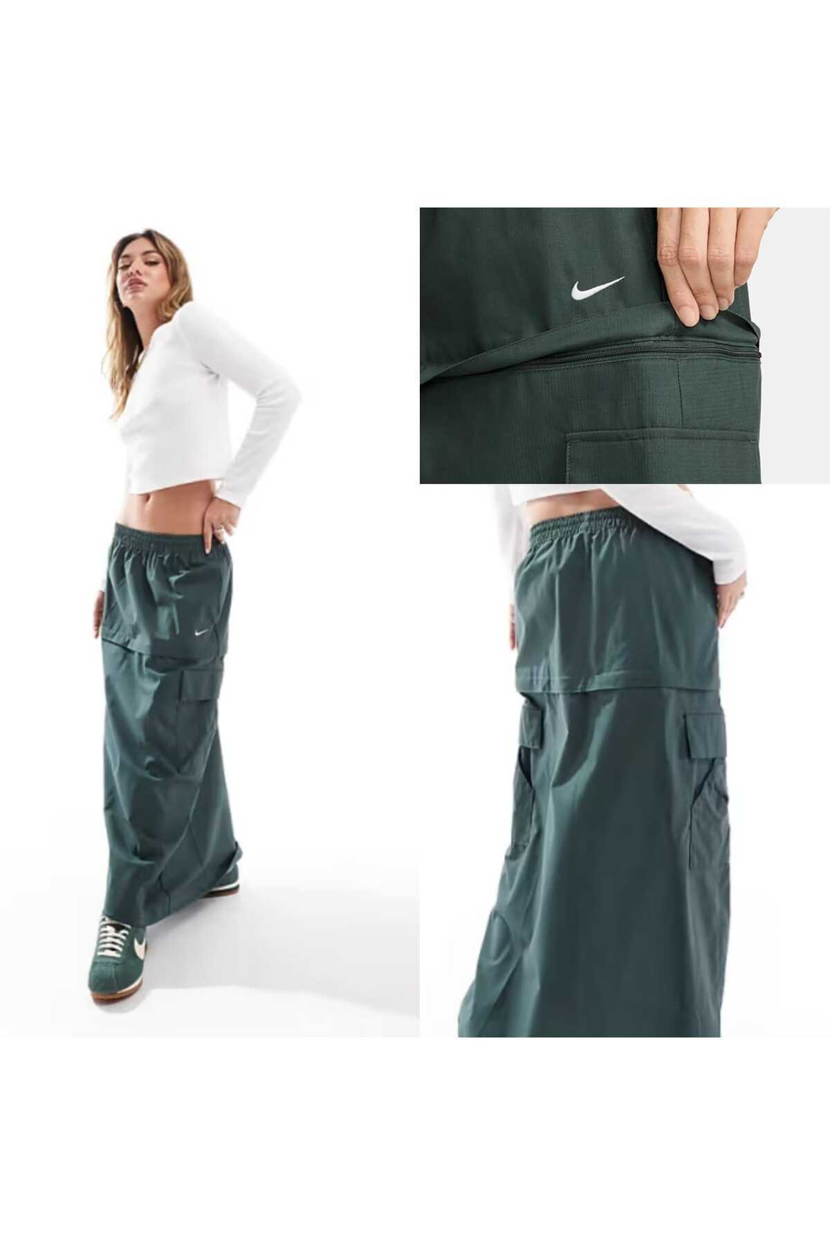 Nike Woven 2'si 1 arada fermuar detaylı yeşil maksi ve mini etek