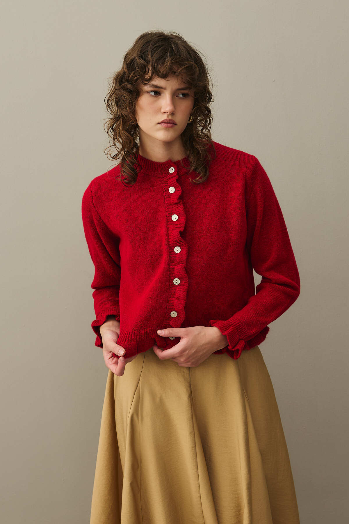 Fahhar  İnce Fırfırlı Tiftik Hırka Kırmızı - Görsel 4