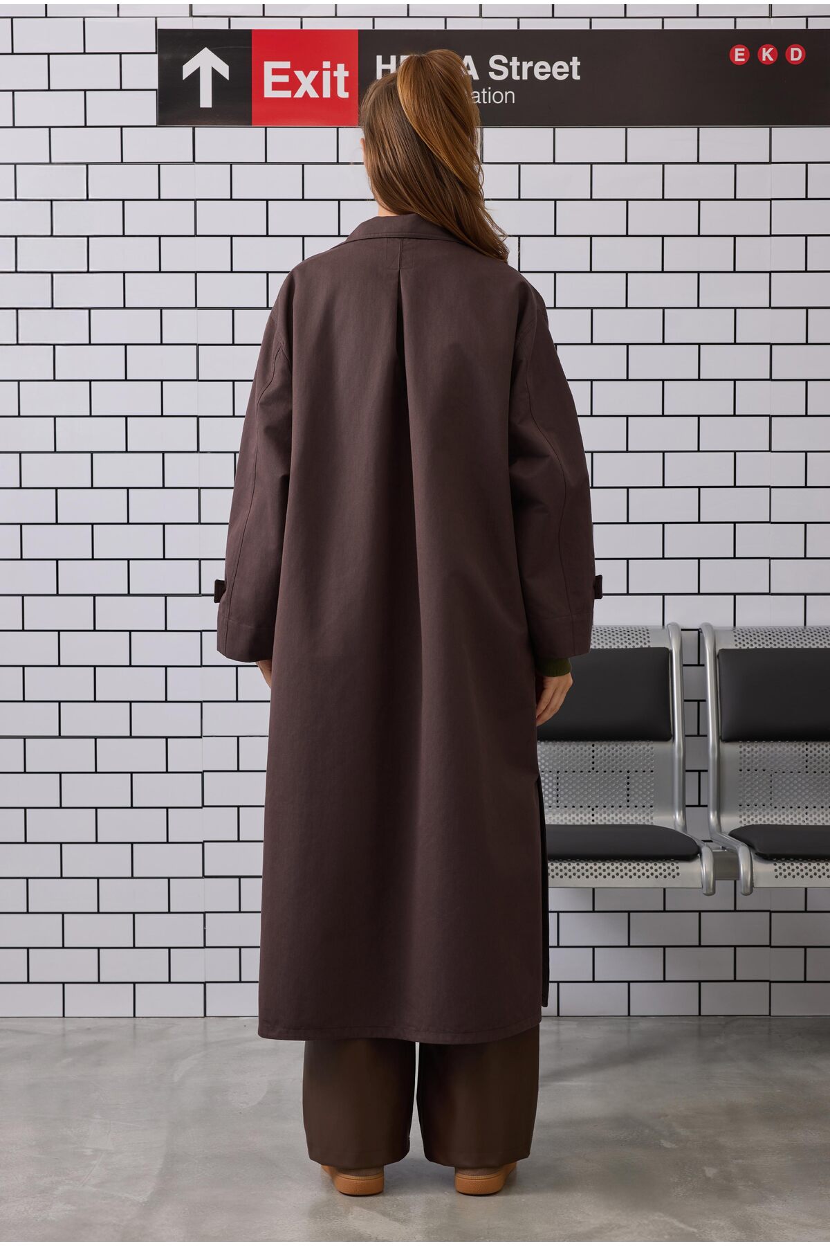 HEQA Funnel Neck Uzun Trençkot Acı Kahve görsel 4