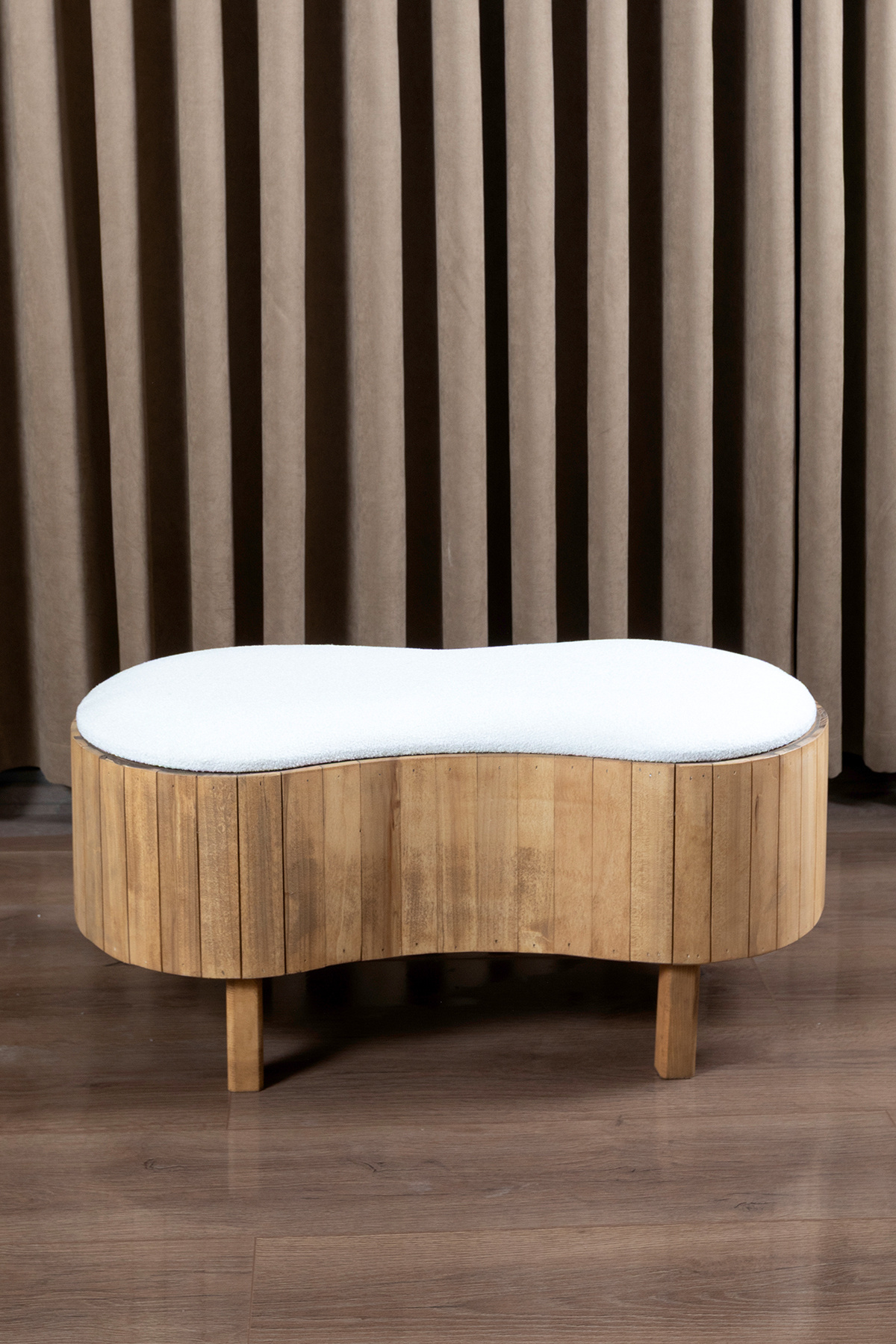 Aberteka Real Sandıklı Puf/Bench Doğal Ahşap Kaplamalı Meşe Renk, Beyaz Mikro Fiber Bukle Kumaş