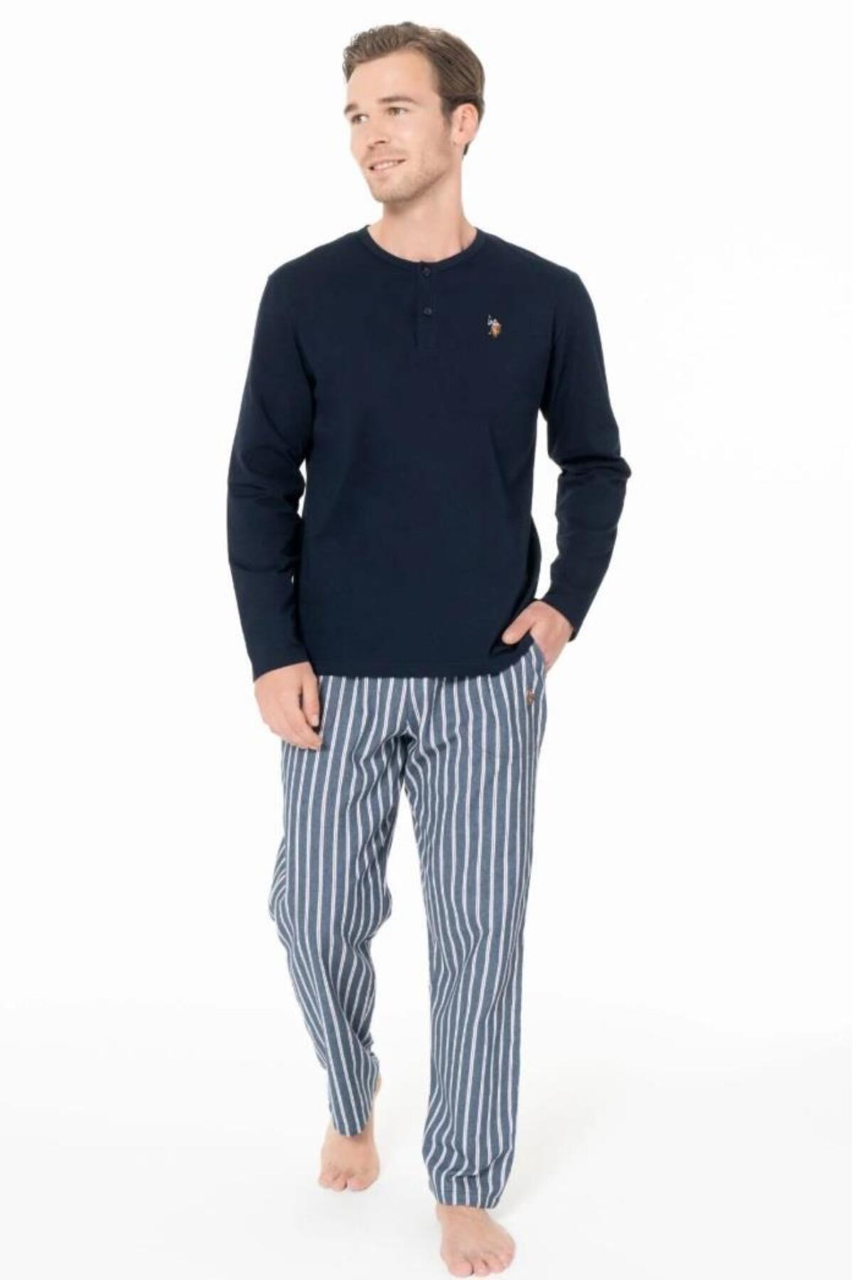 یو اس پولو ست لباس خواب نیم دکمه راه راه سرمه ای کد ۱۸۹۸۷