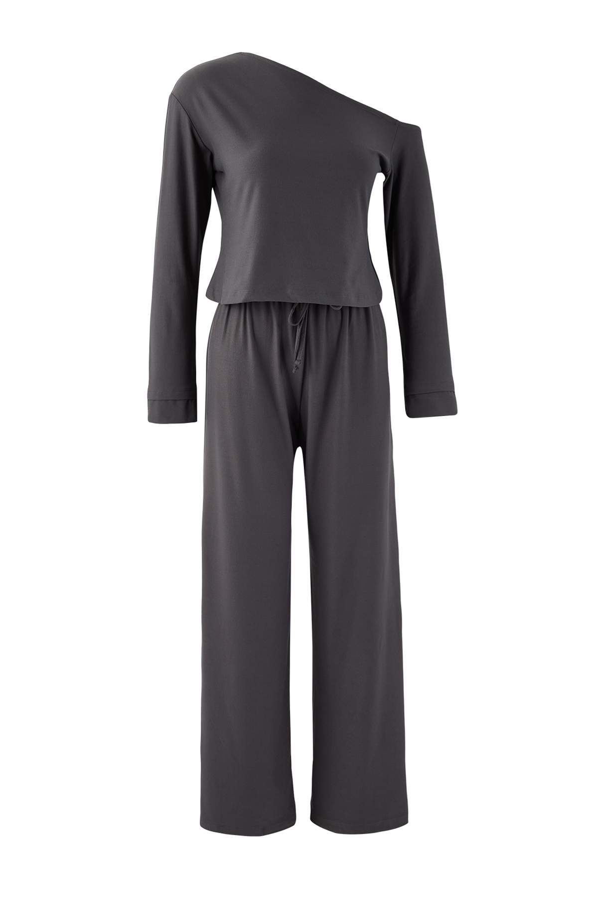 Trendyolmilla  Antrasit Düşük Kol Detaylı Yumuşak Tuşeli Esnek Örme Alt - Üst Takım TWOAW26AU00089 - Görsel 6