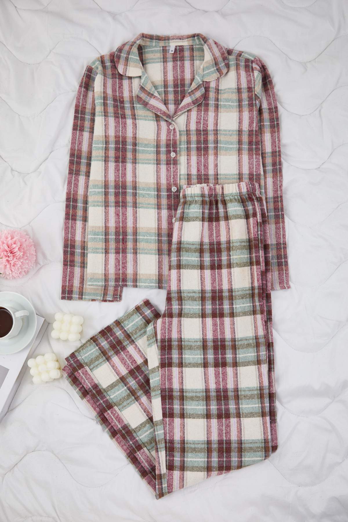 Trendyolmilla  Mint Pamuklu Ekoseli Kışlık Kalın Flanel Dokuma Pijama Takımı THMAW26PT00175 - Görsel 5