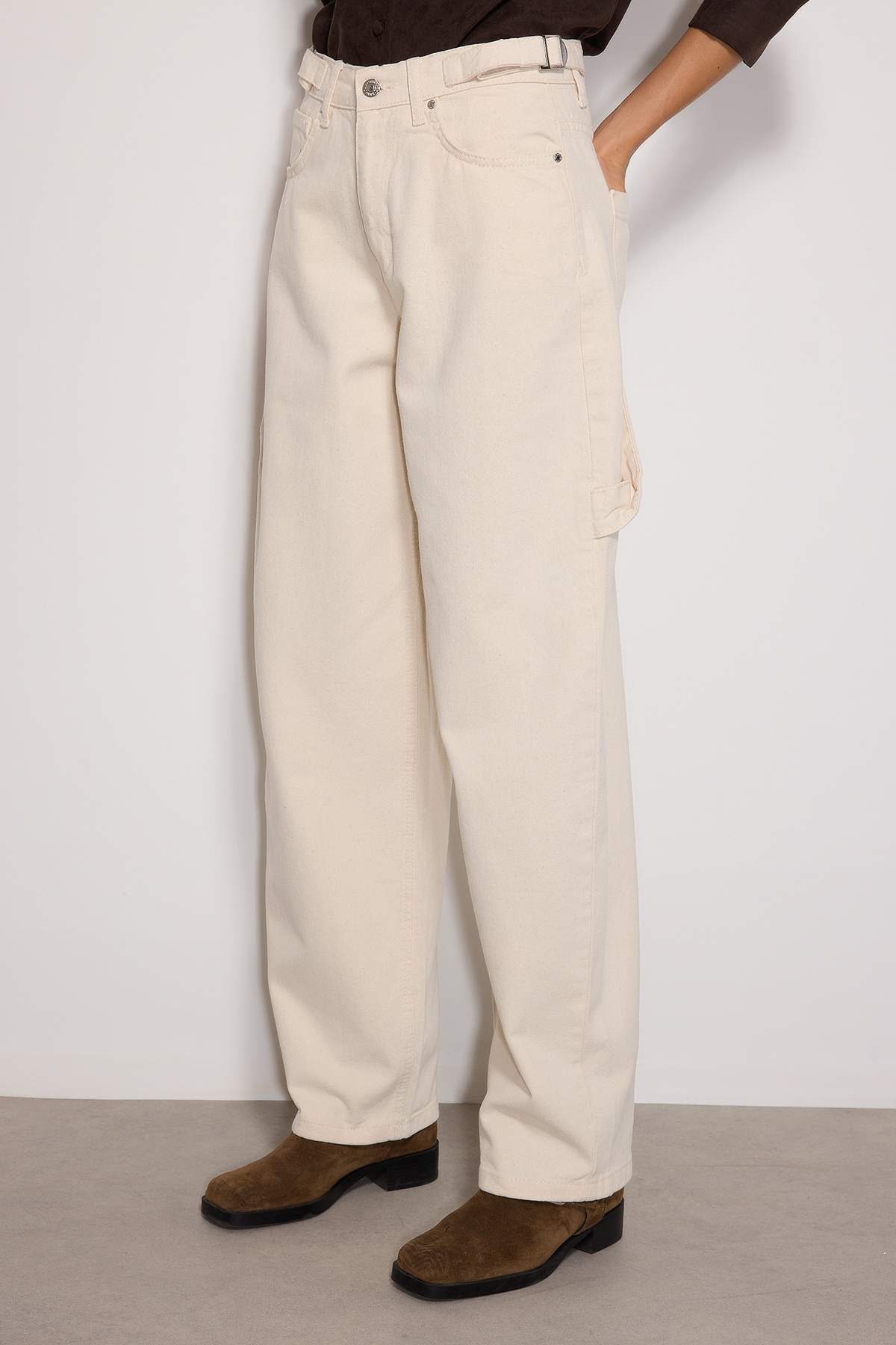 Trendyolmilla  Ekru Bol Kesim Yüksek Bel Carpenter Loose Baggy %100 Pamuk Non-Stretch Jeans TWOAW24JE00308 - Görsel 14