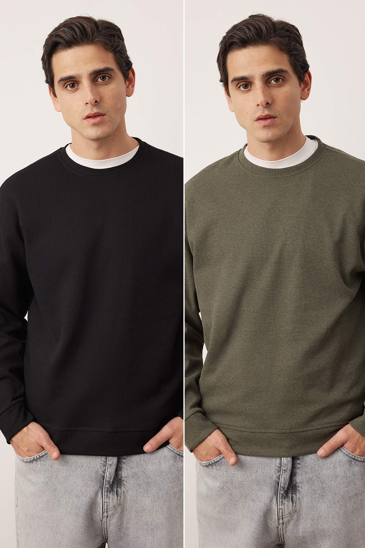 Trendyolmilla  Siyah - Haki Yeni Oversize/Geniş Kalıp 2'li Paket Dokulu Waffle Sweatshirt TMNAW26SW00028