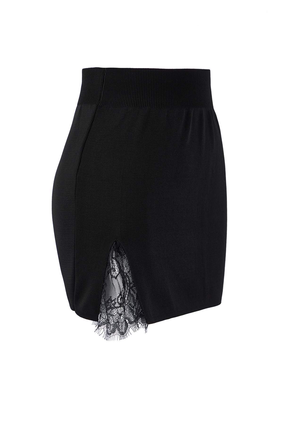 Trendyolmilla  Siyah Dantel Yırtmaç Detaylı Vücudu Saran Mini Triko Etek TWOAW26ET00145 - Görsel 5