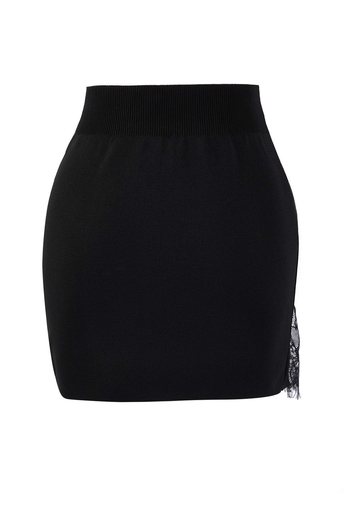 Trendyolmilla  Siyah Dantel Yırtmaç Detaylı Vücudu Saran Mini Triko Etek TWOAW26ET00145 - Görsel 8