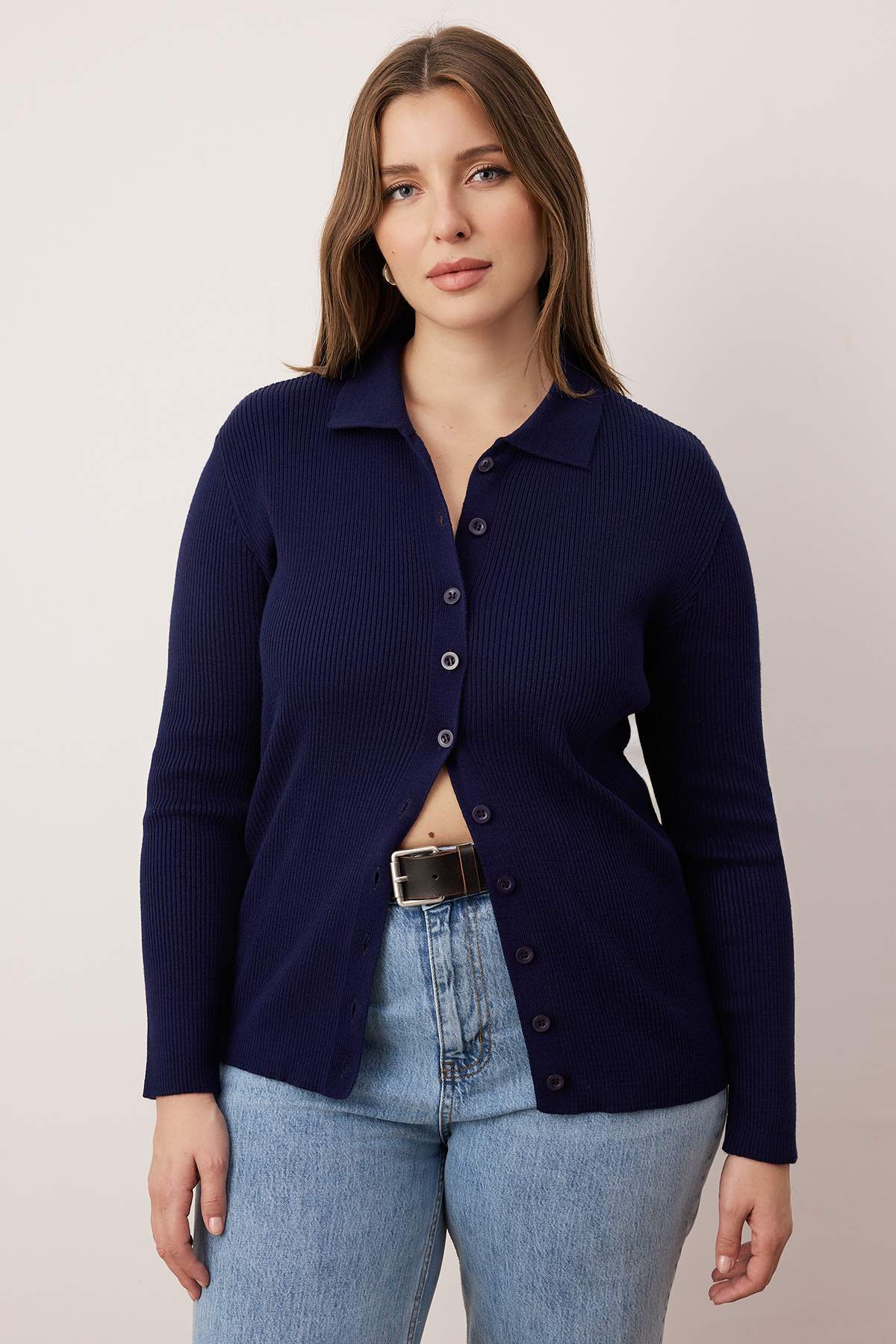 Trendyolmilla  Lacivert-Ekru Fitilli Bisiklet & Polo Yaka 2'li Paket Triko Hırka TBBAW26AV00034 - Görsel 2