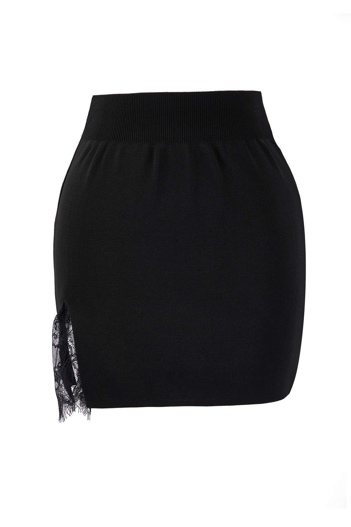 Trendyolmilla  Siyah Dantel Yırtmaç Detaylı Vücudu Saran Mini Triko Etek TWOAW26ET00145 - Görsel 7