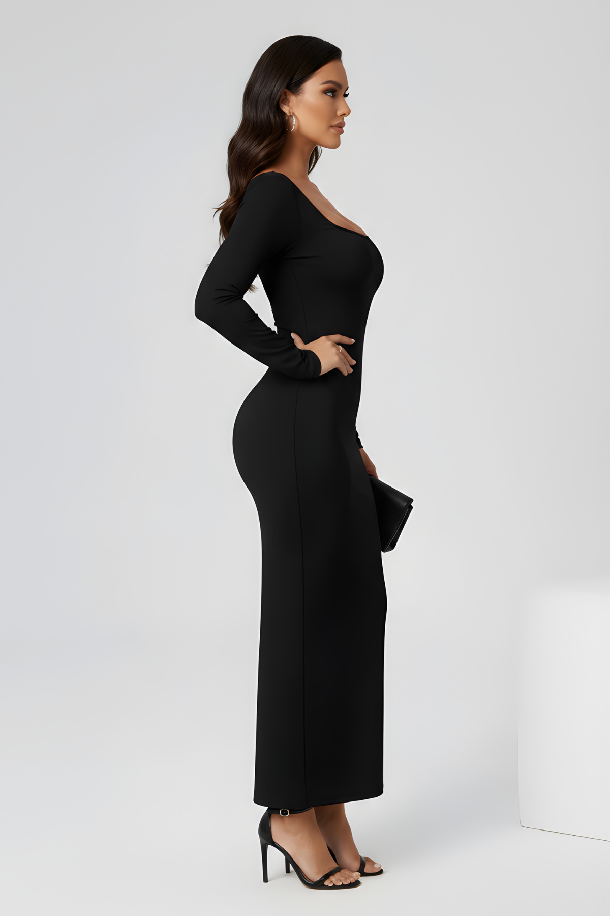 Thestiluxe Черна рокля с квадратна яка, дълъг ръкав, елегантен крой и дължина до коляното