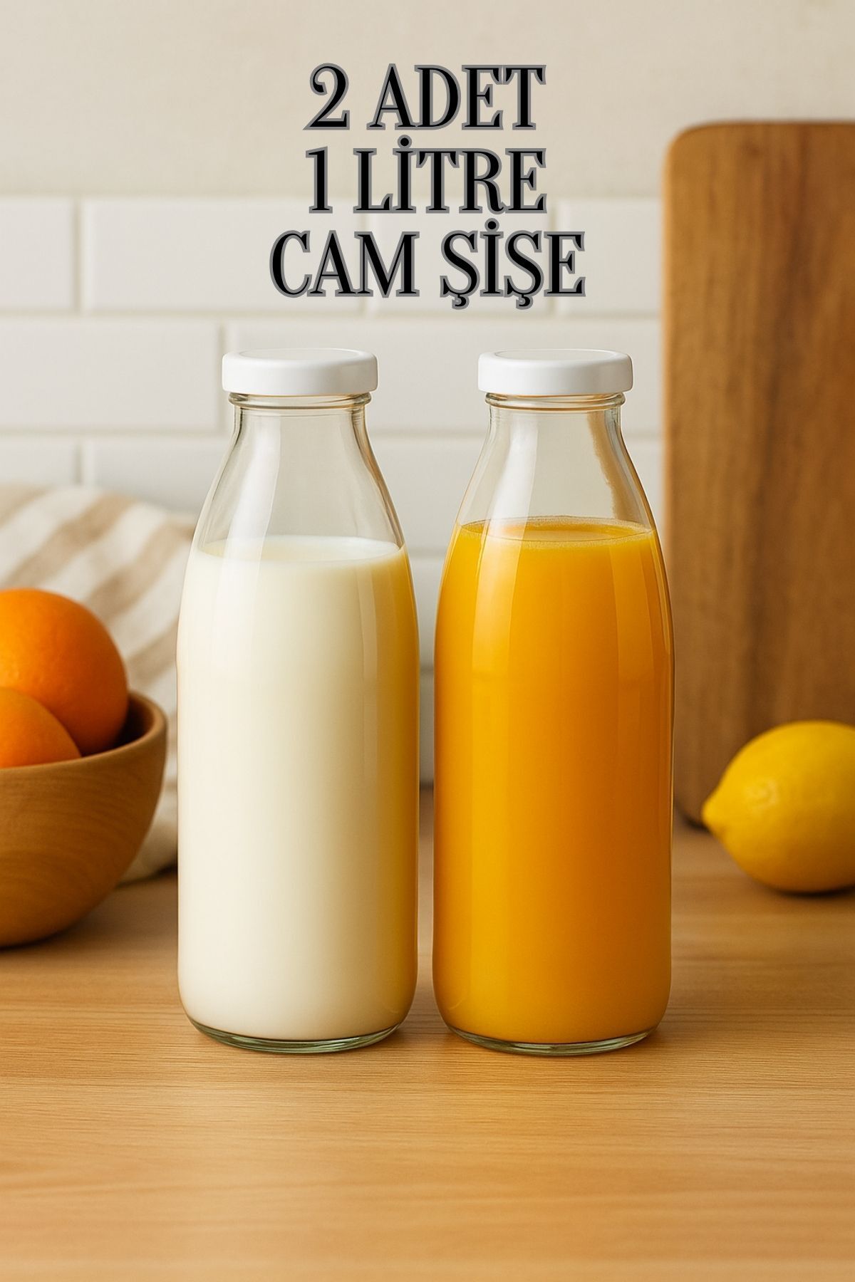 2 Pieces White Plastic Lid 1 Liter Transparent Pitcher Milk, Ayran, Water, Lemonade Soft Drink Bottle Glass Bottle