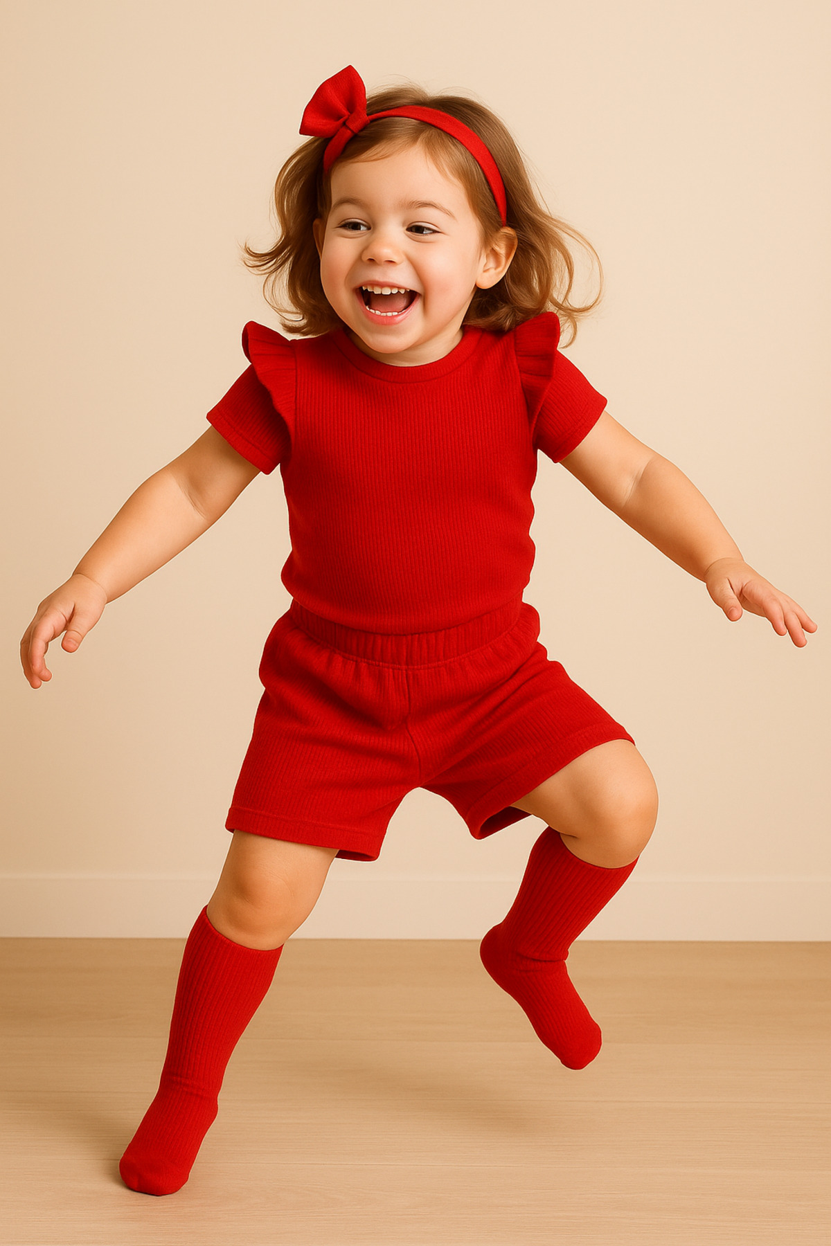 özge başaran Kırmızı Şort & Tişört, Fiyonklu Kırmızı Çorap Fitilli Kumaş Kız Çocuk ve Bebek 3'lü Giyim Seti fotoğrafı 4 (önizleme)