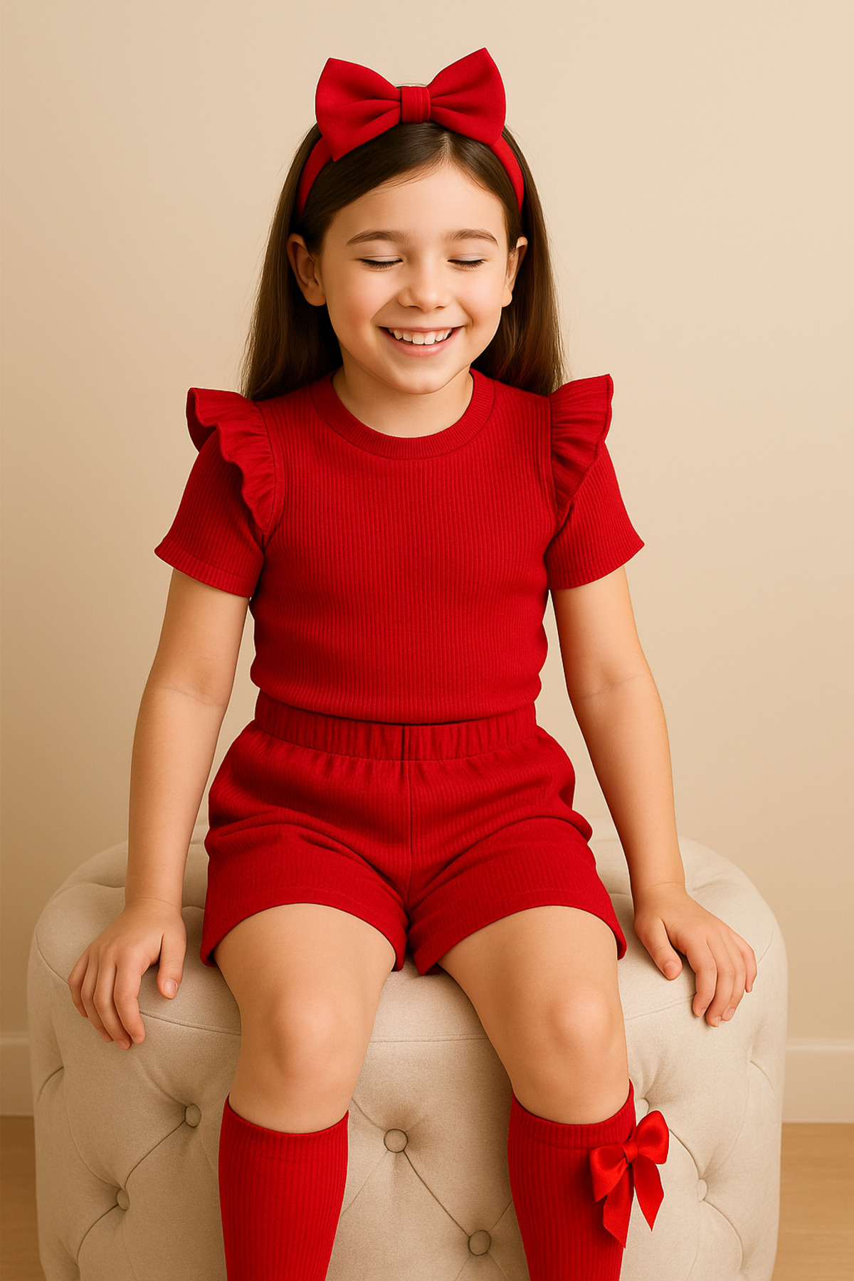 özge başaran Kırmızı Şort & Tişört, Fiyonklu Kırmızı Çorap Fitilli Kumaş Kız Çocuk ve Bebek 3'lü Giyim Seti fotoğrafı 5 (önizleme)