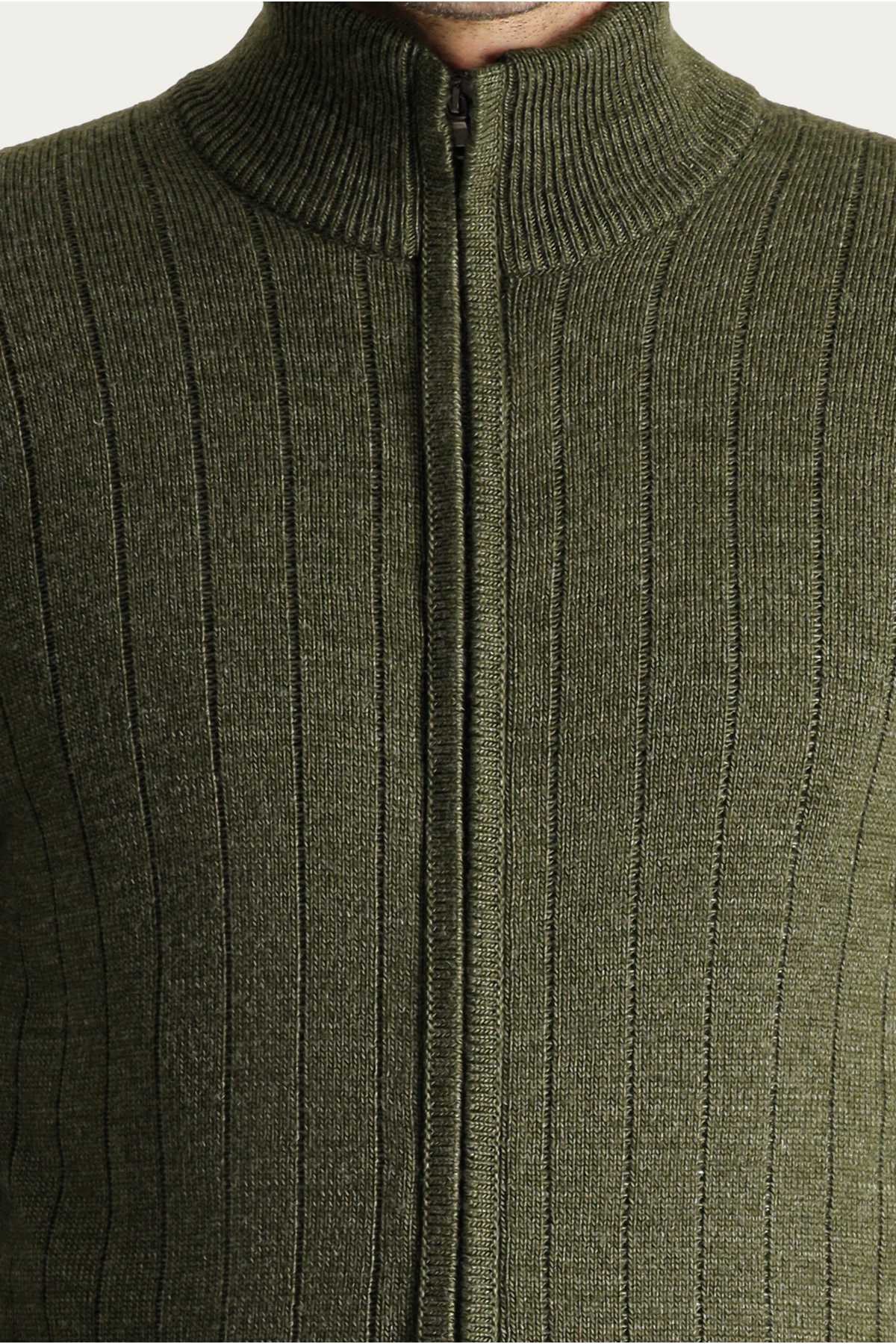 Kiğılı  Dik Yaka Fermuarlı Regular Fit Çizgili Triko Hırka - Görsel 5