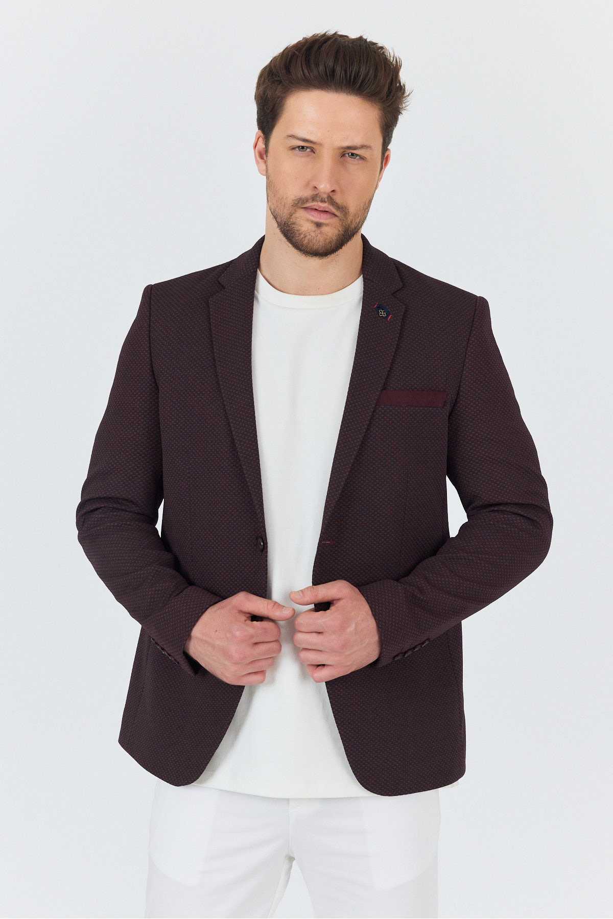 Frappoli  İtolo Erkek Bordo Likralı Esnek Kumaşlı Slim Fit Spor Blazer Ceket - Görsel 5
