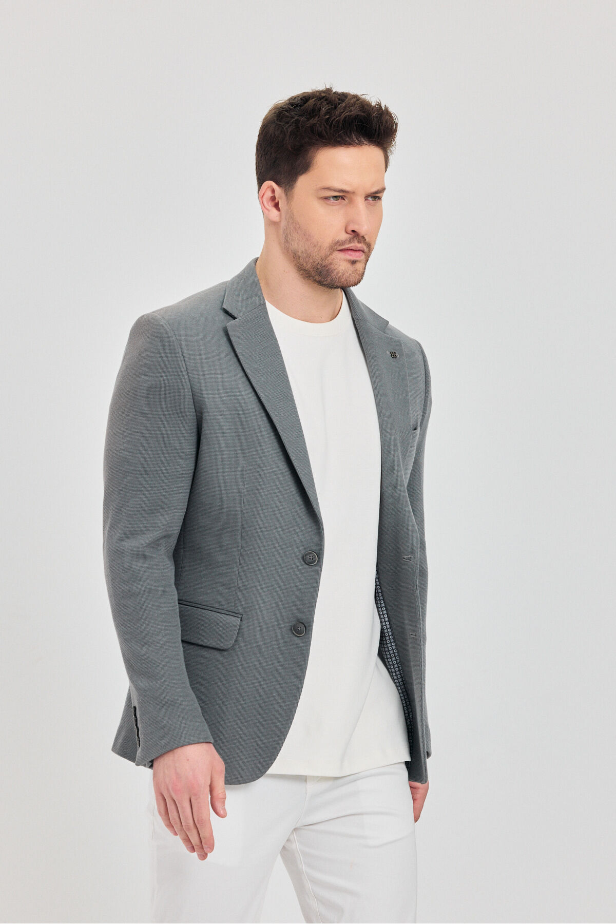 Frappoli  Fedeli Erkek Gri Pamuk Karışımlı Esneyen Kumaşlı Slim Fit Spor Blazer Ceket - Görsel 7