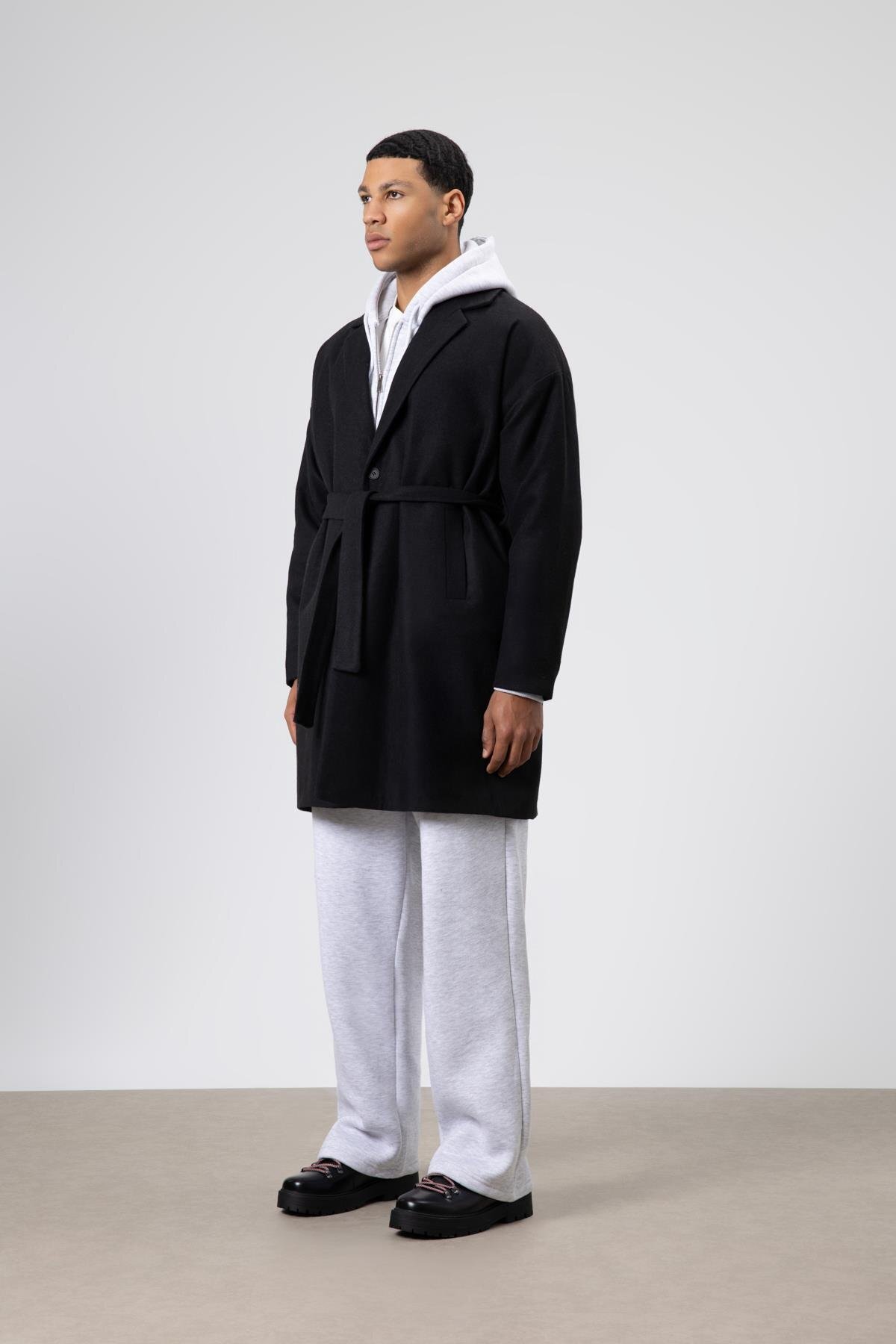 VAMOSCLO Kemerli Oversize Kaşe Kaban Siyah görsel 5