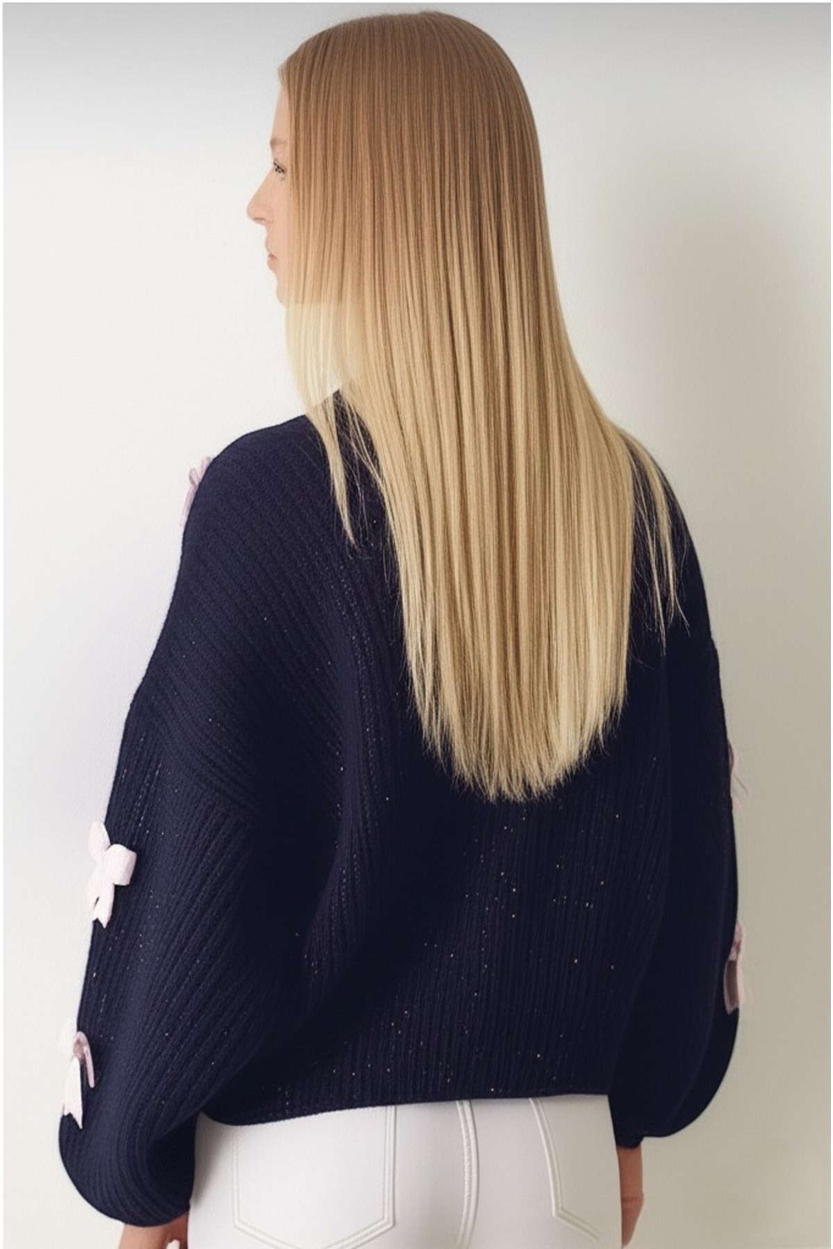 FLEX FASHION  Kadın Oversize Fiyonk Detaylı kurdaleli yumoş Triko Hırka LACİVERT - Görsel 5