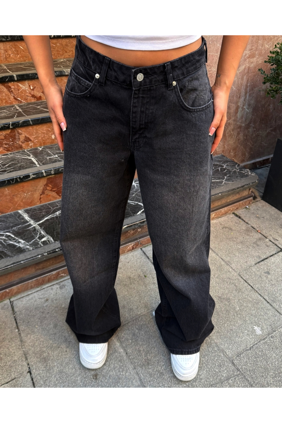 Kadın Antrasit Düşük Bel Geniş Paça Baggy Jean Pantolon