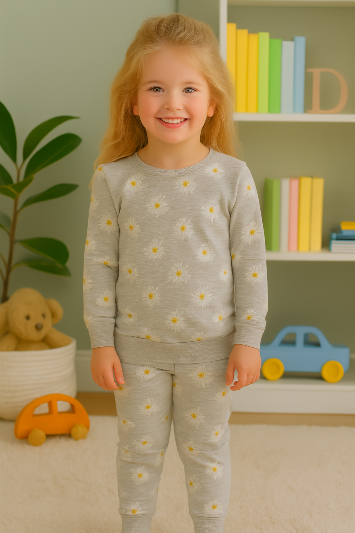 Arya Nisa Kids Girl's Two Yarn Cotton Raised Gray Daisy Print Long Sleeve Pajamas Set