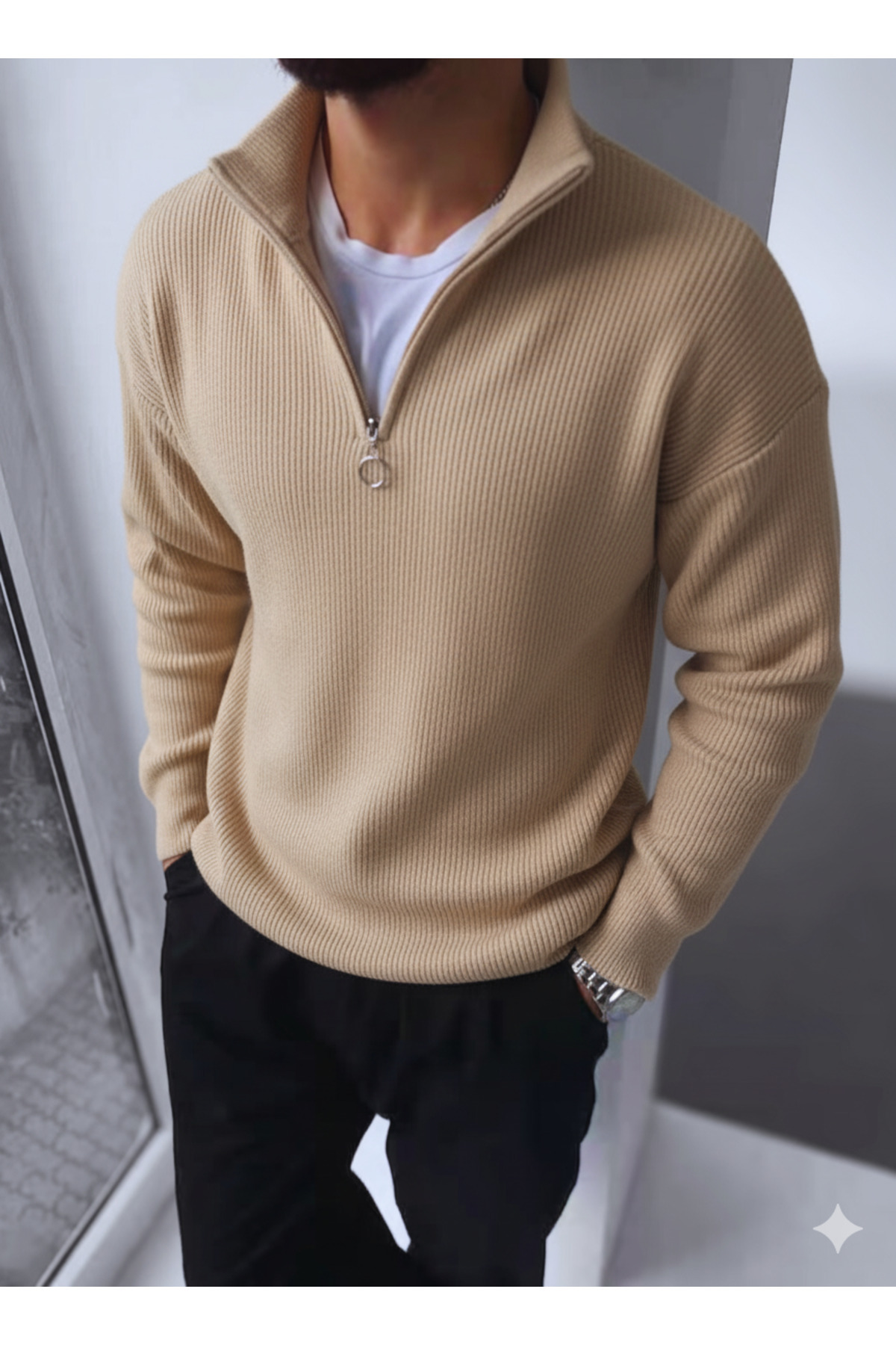 KAZAK Erkek Yarım Fermuarlı Kadife Görünümlü Triko – Krem