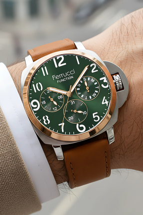 Ferrucci Taba Renk, Deri Kordon, Function Erkek Kol Saati+Bileklik zmfer158